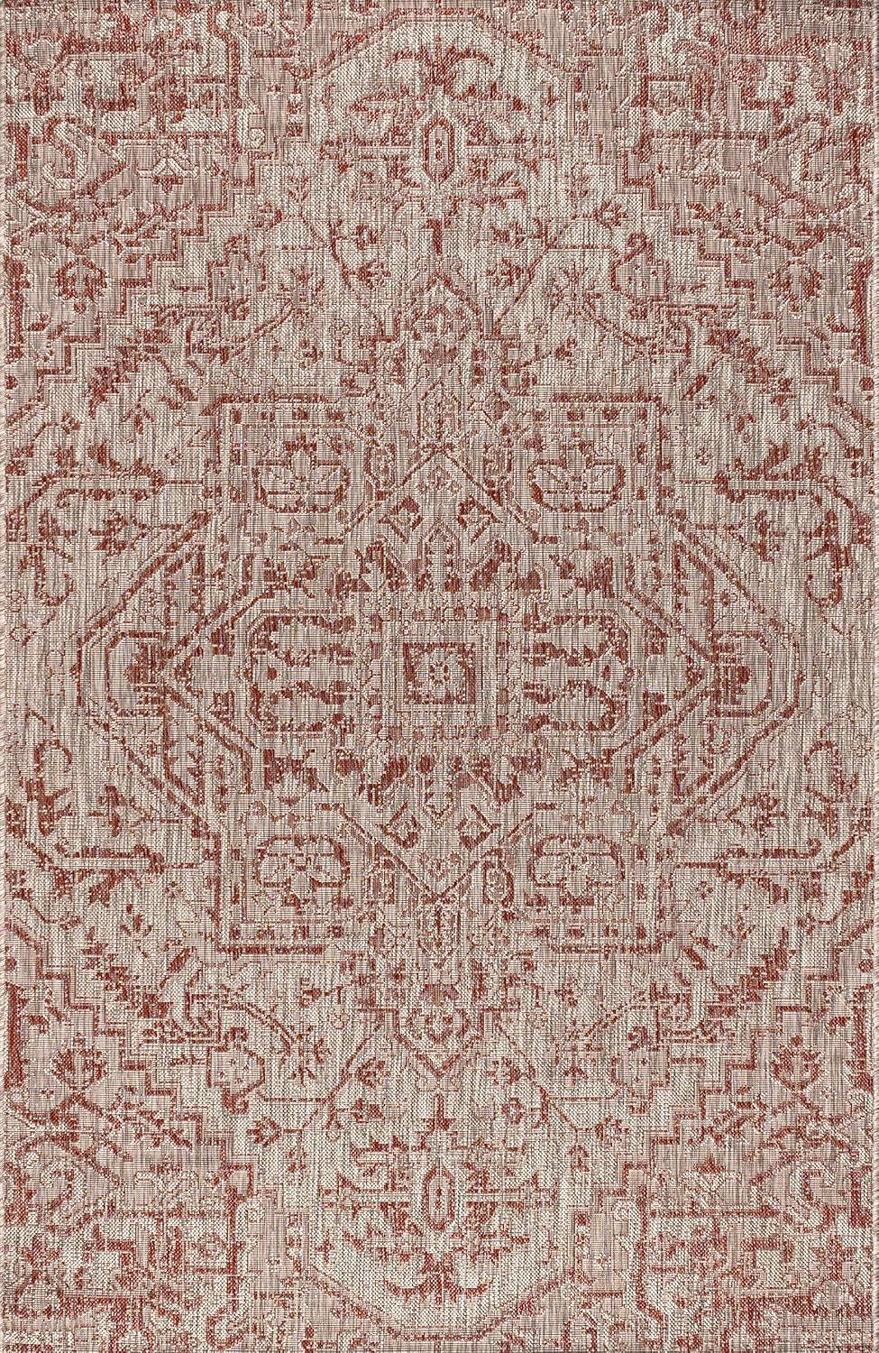 8'x10' Estrella Bohemian Medallion Textured Weave Indoor/Outdoor Area Rug, Red/Taupe - JONATHAN Y