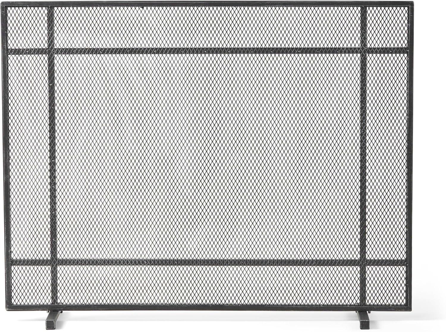 Black Brushed Silver Single Panel Iron Mesh Firescreen