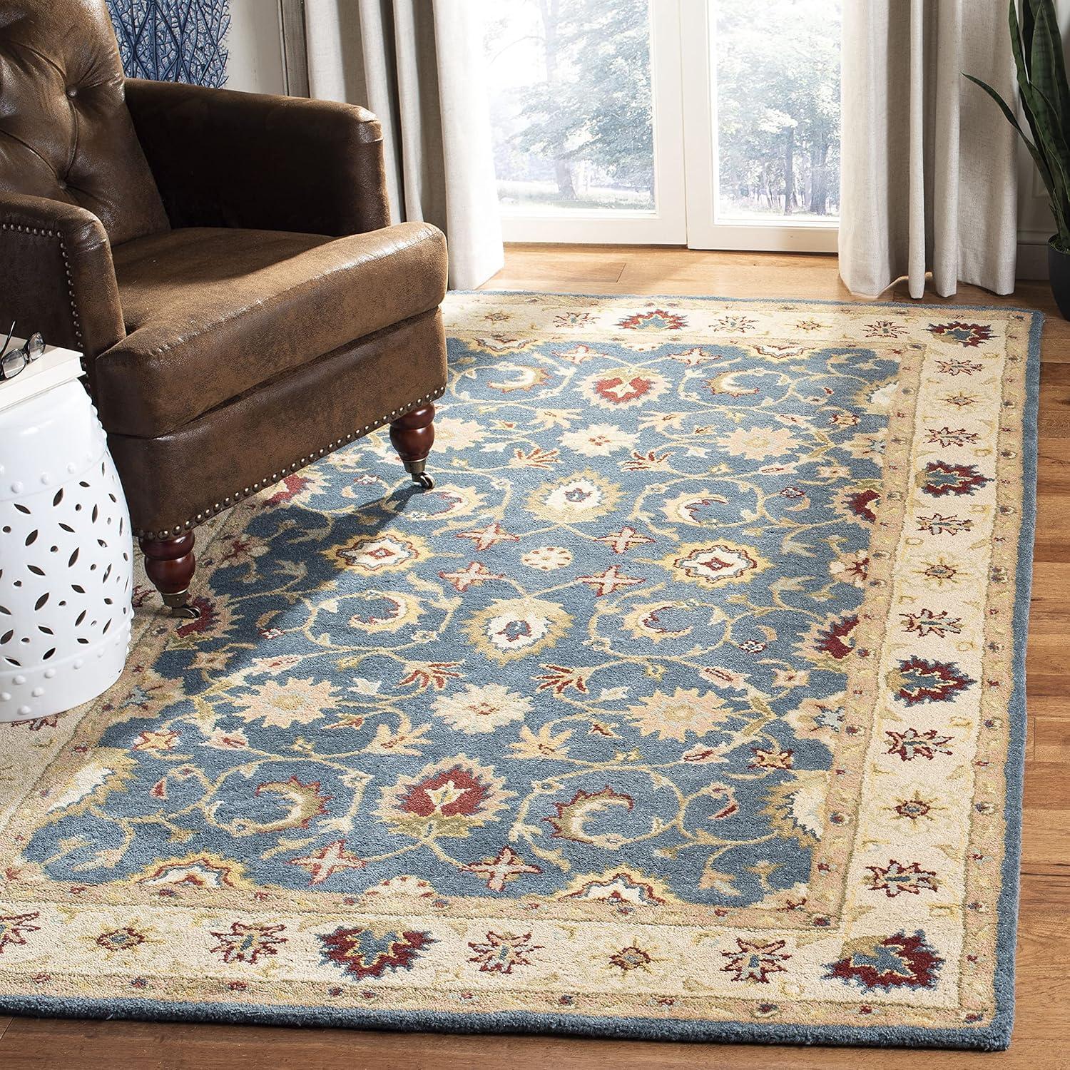 Antiquity Inspired Blue and Beige Handmade Wool Area Rug - 7'6" x 9'6"