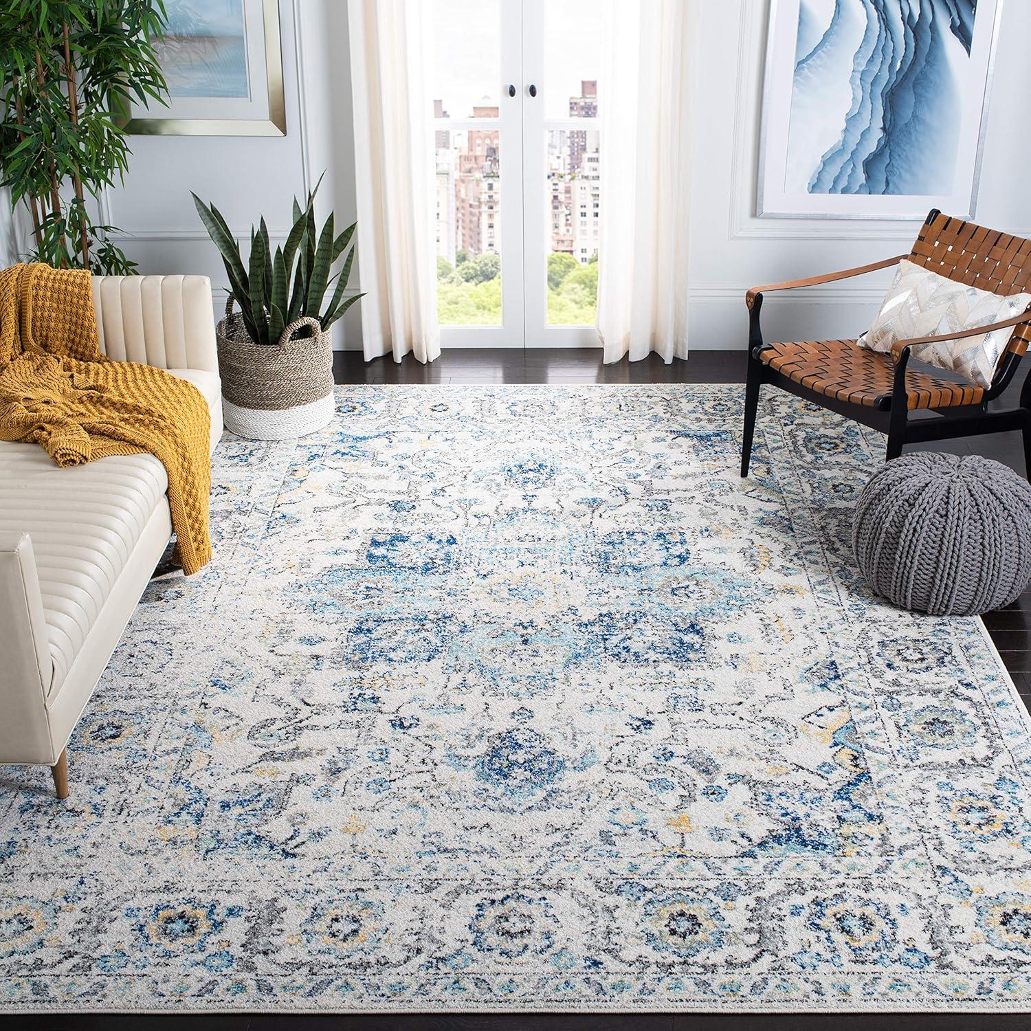 Turquoise and Ivory Square Synthetic Medallion Area Rug