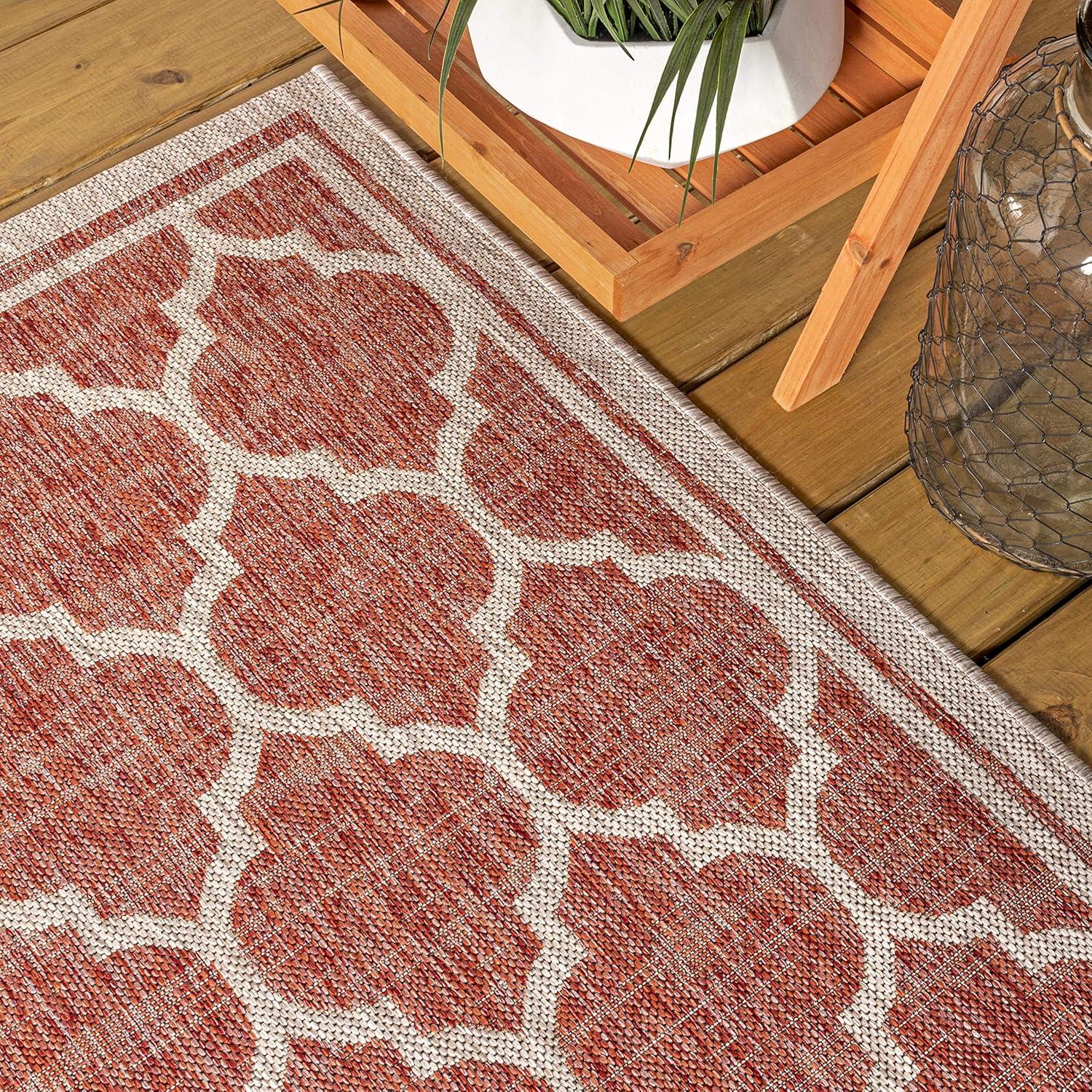 2' X 10' Trebol Moroccan Trellis Textured Weave Indoor/Outdoor Runner Rug, Red/Beige - JONATHAN Y
