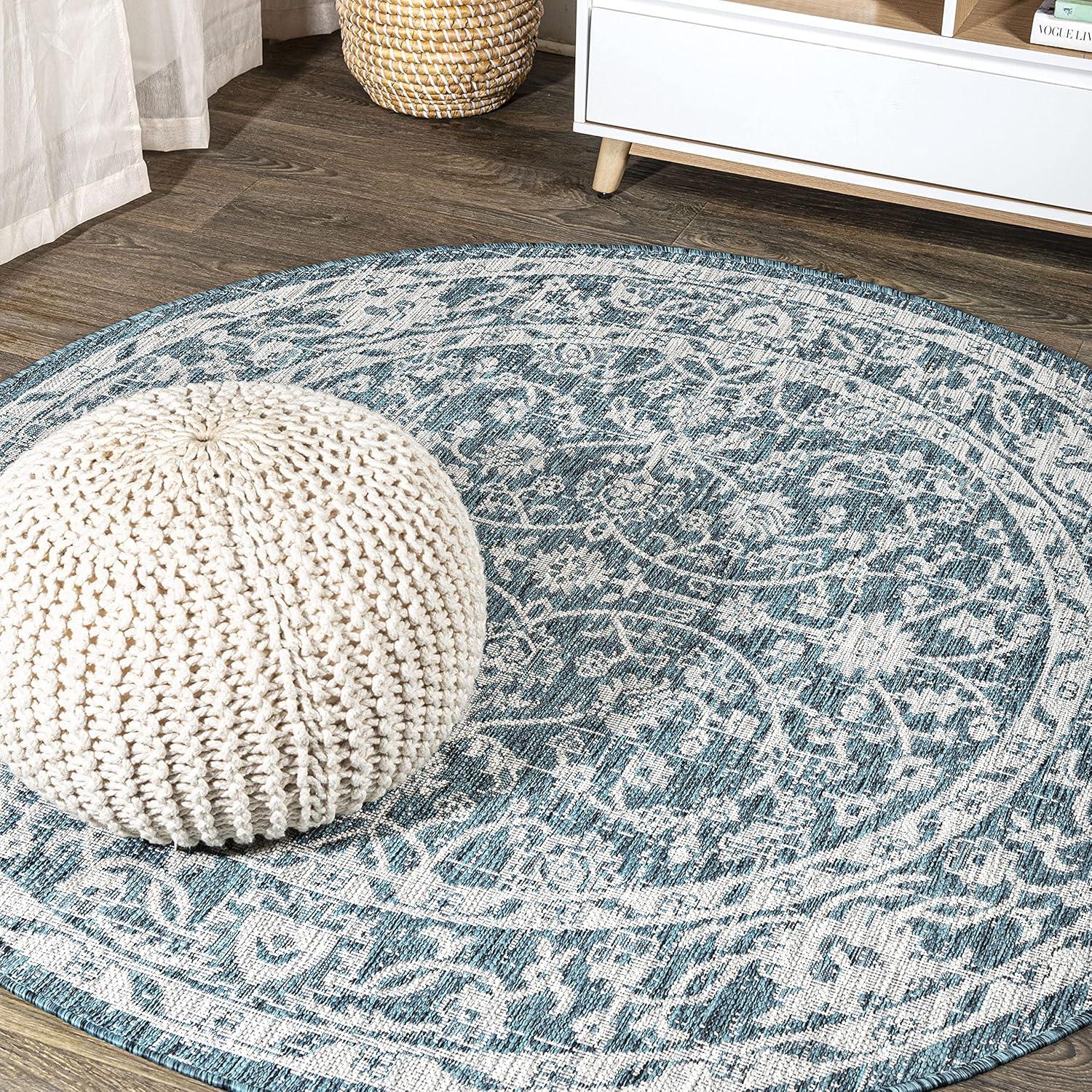 5' Round Palazzo Vine and Border Textured Weave Indoor/Outdoor Area Rug, Teal/Gray - JONATHAN Y