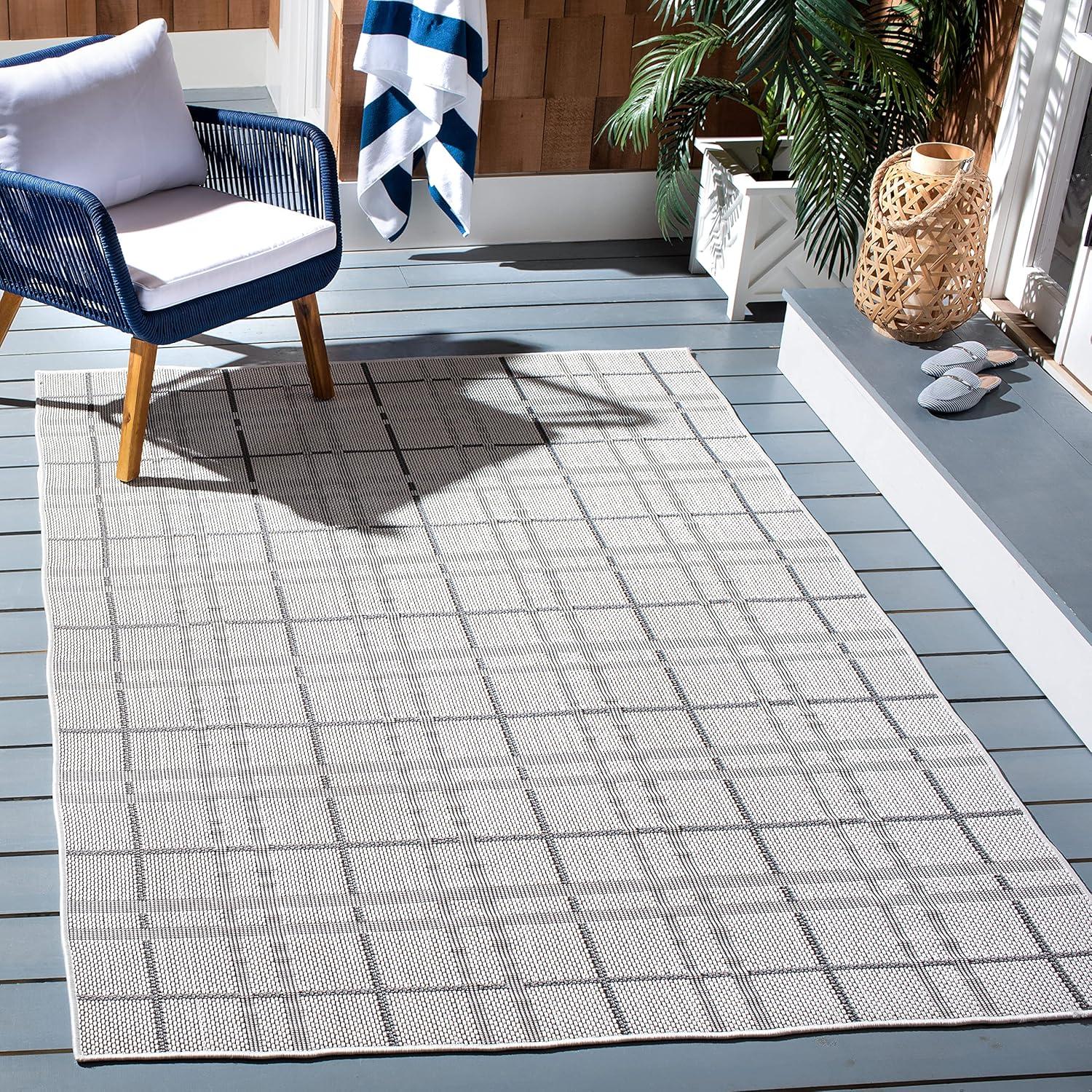 Ivory and Grey Square Synthetic Indoor/Outdoor Rug