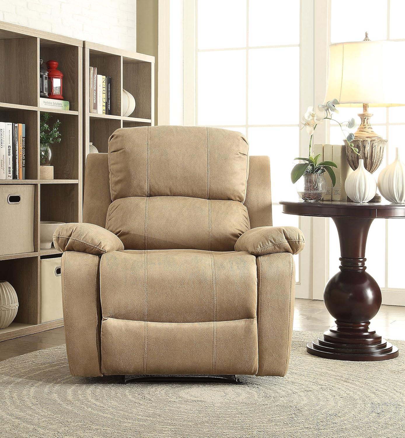 Light Brown Polished Microfiber Wood Recliner with Memory Foam