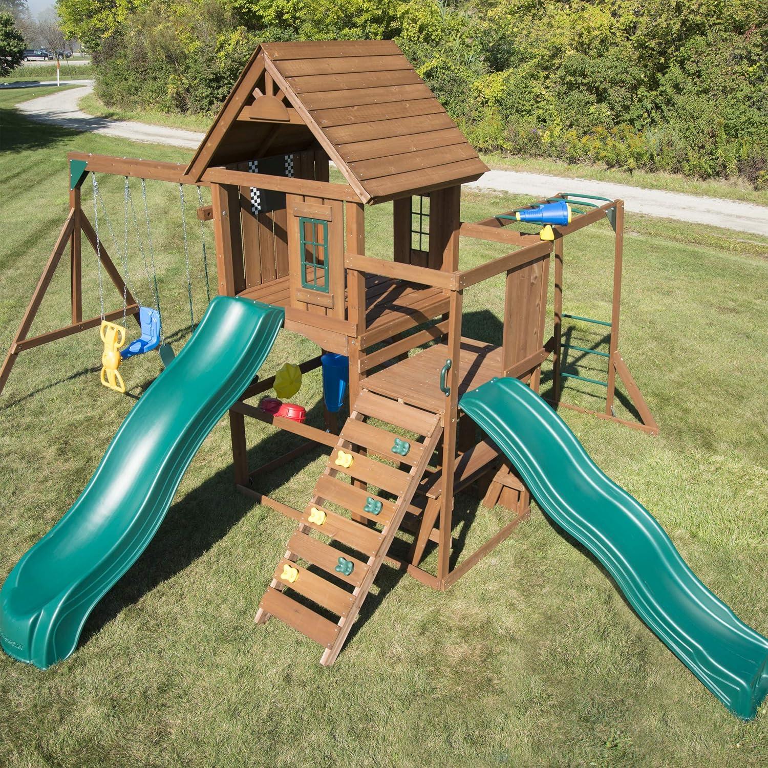 Swing-N-Slide Super Knightsbridge WS 8354 Wood Backyard Swing  Set with Two Wave Slides, Wood Roof, Monkey Bars, Rock Wall, Music Play, and Swings