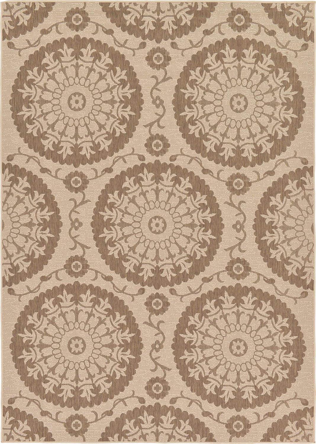 Brown and Beige Abstract Outdoor Synthetic Area Rug