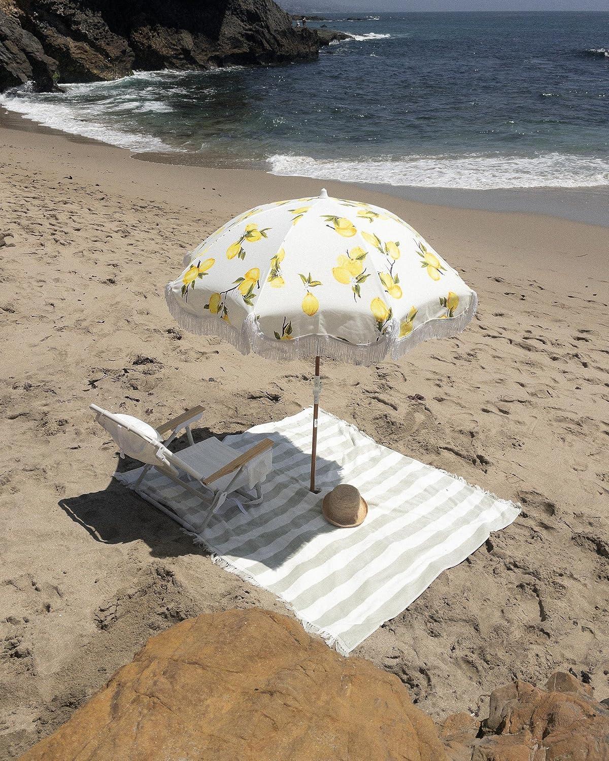 Vintage Lemons Beach Umbrella with White Fringe and Reclaimed Timber Pole