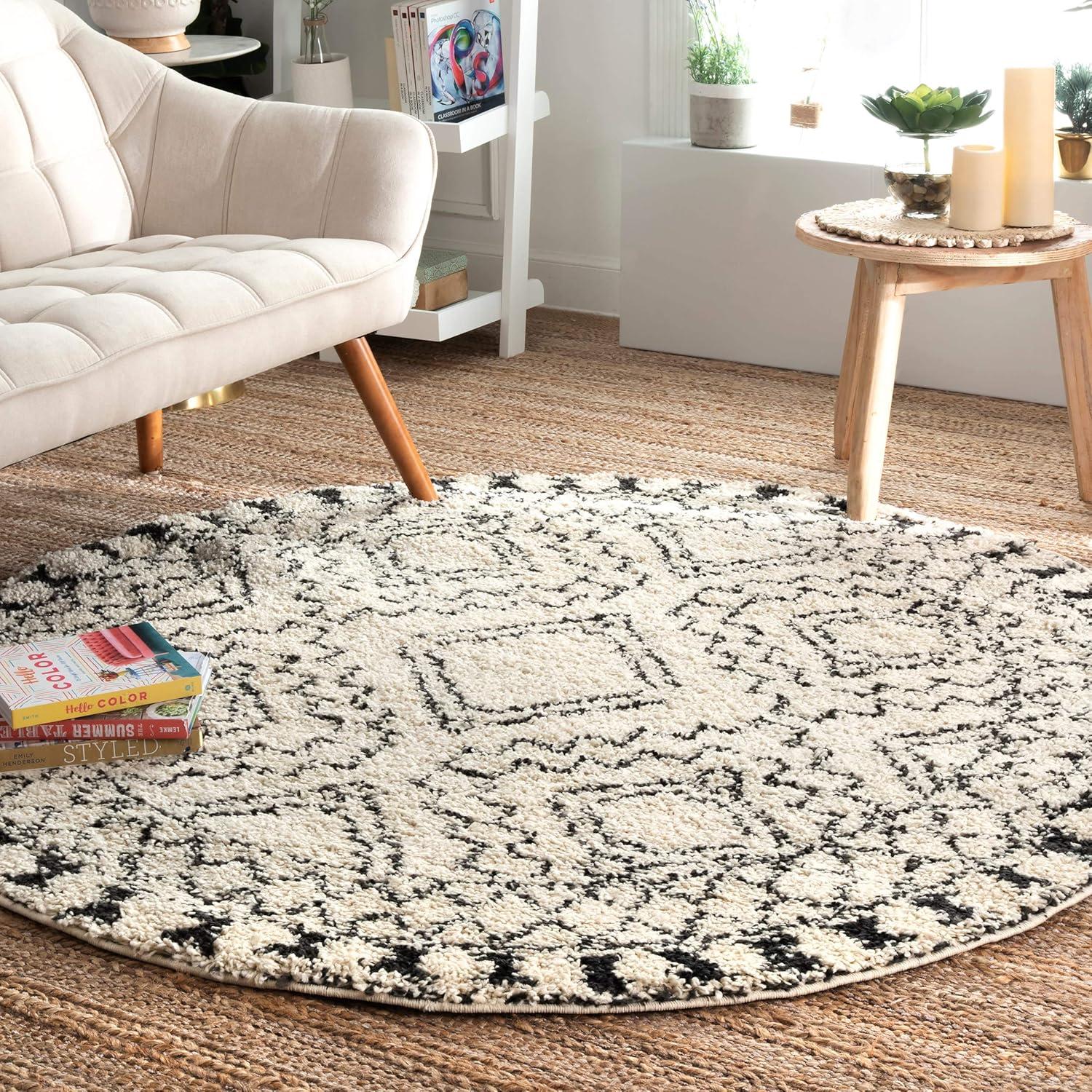 Off-White Round Moroccan Shag Area Rug with Tassels