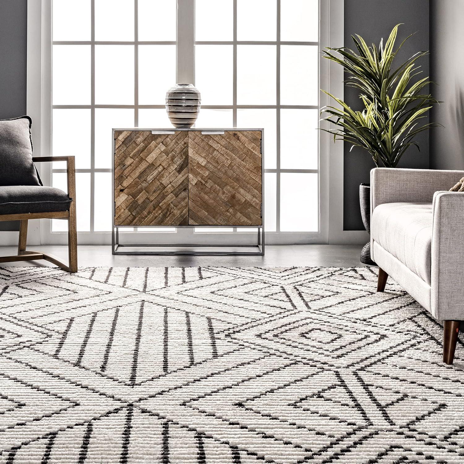 Luxurious Beige Synthetic 6'7" x 9' Shag Area Rug with Modern Diamond Fringe