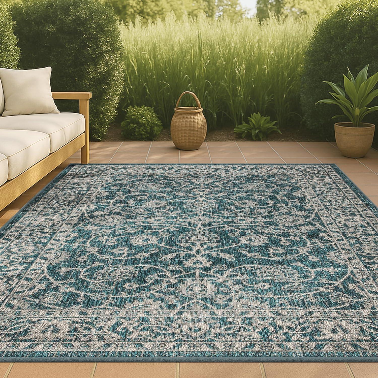 4'x6' Palazzo Vine and Border Textured Weave Indoor/Outdoor Area Rug, Teal/Gray - JONATHAN Y