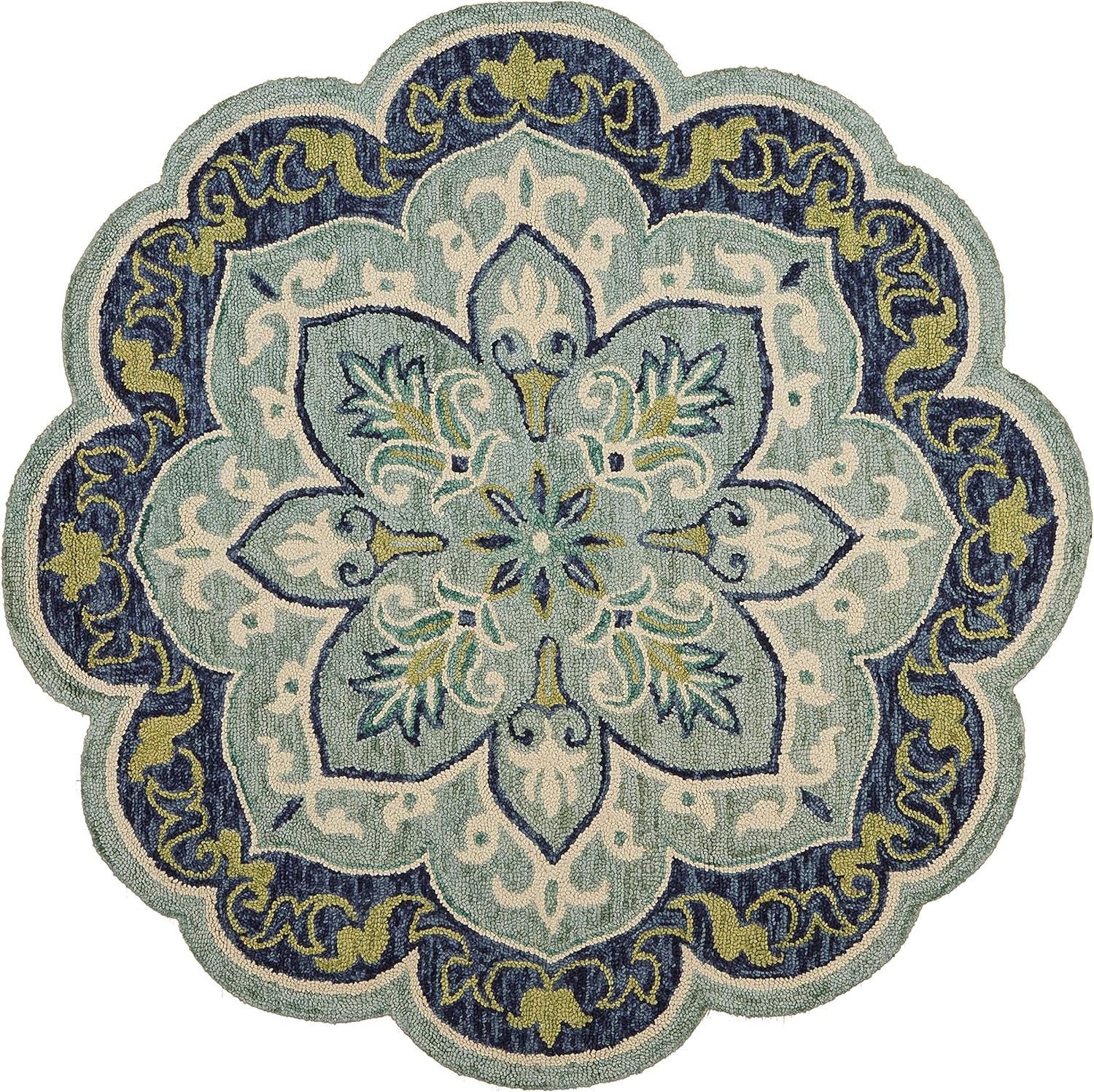 Handmade Round Blue Floral Tufted Wool Area Rug, 48" Diameter