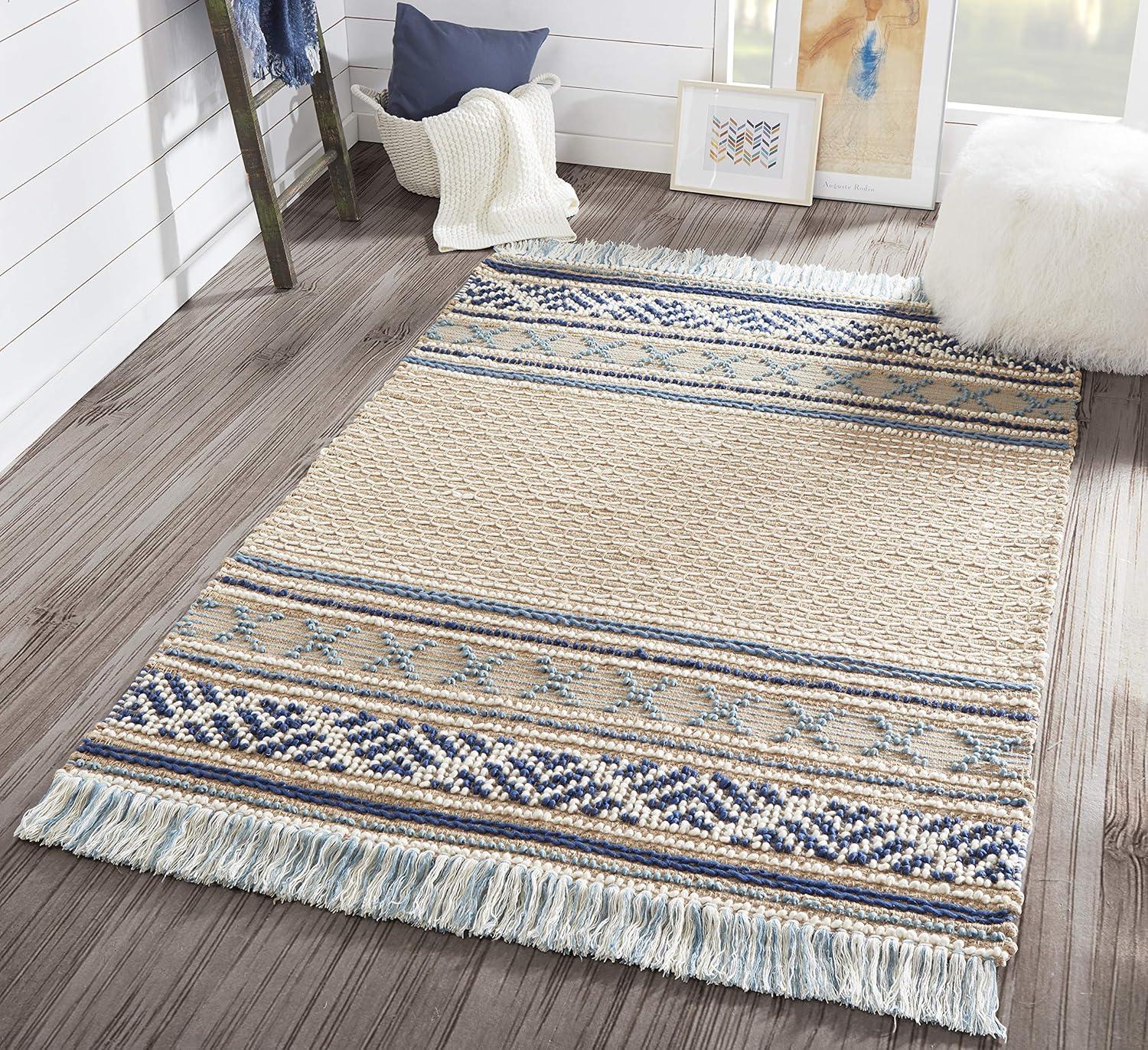 Momeni 5'x7' Esme Joel Striped Handwoven Area Rug Blue: Geometric Pattern, Wool & Jute, Low Pile, Indoor Use