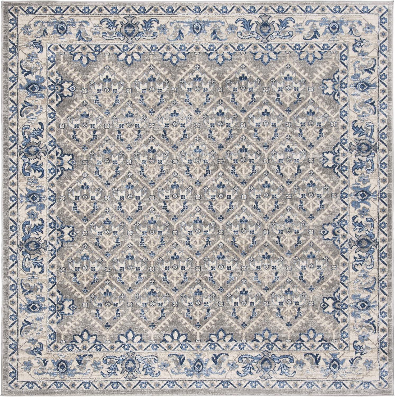 Elegant Square Light Grey & Blue Synthetic Area Rug, 6'7"