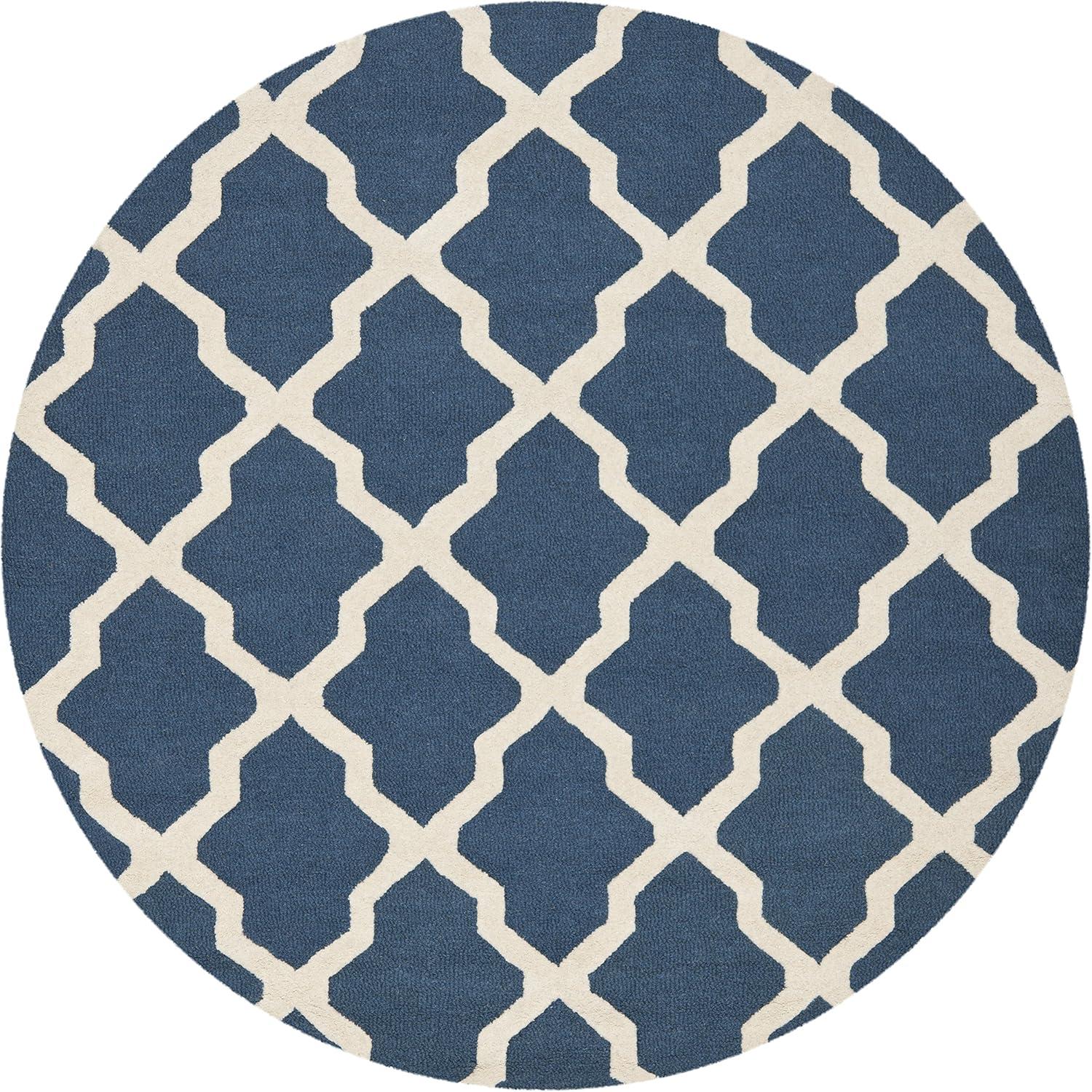 Ivory and Navy Blue Hand-Tufted Wool Round Area Rug