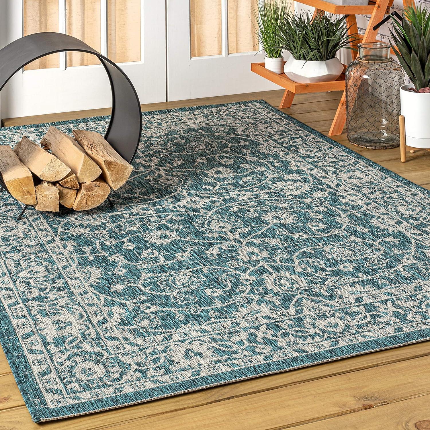 4'x6' Palazzo Vine and Border Textured Weave Indoor/Outdoor Area Rug, Teal/Gray - JONATHAN Y