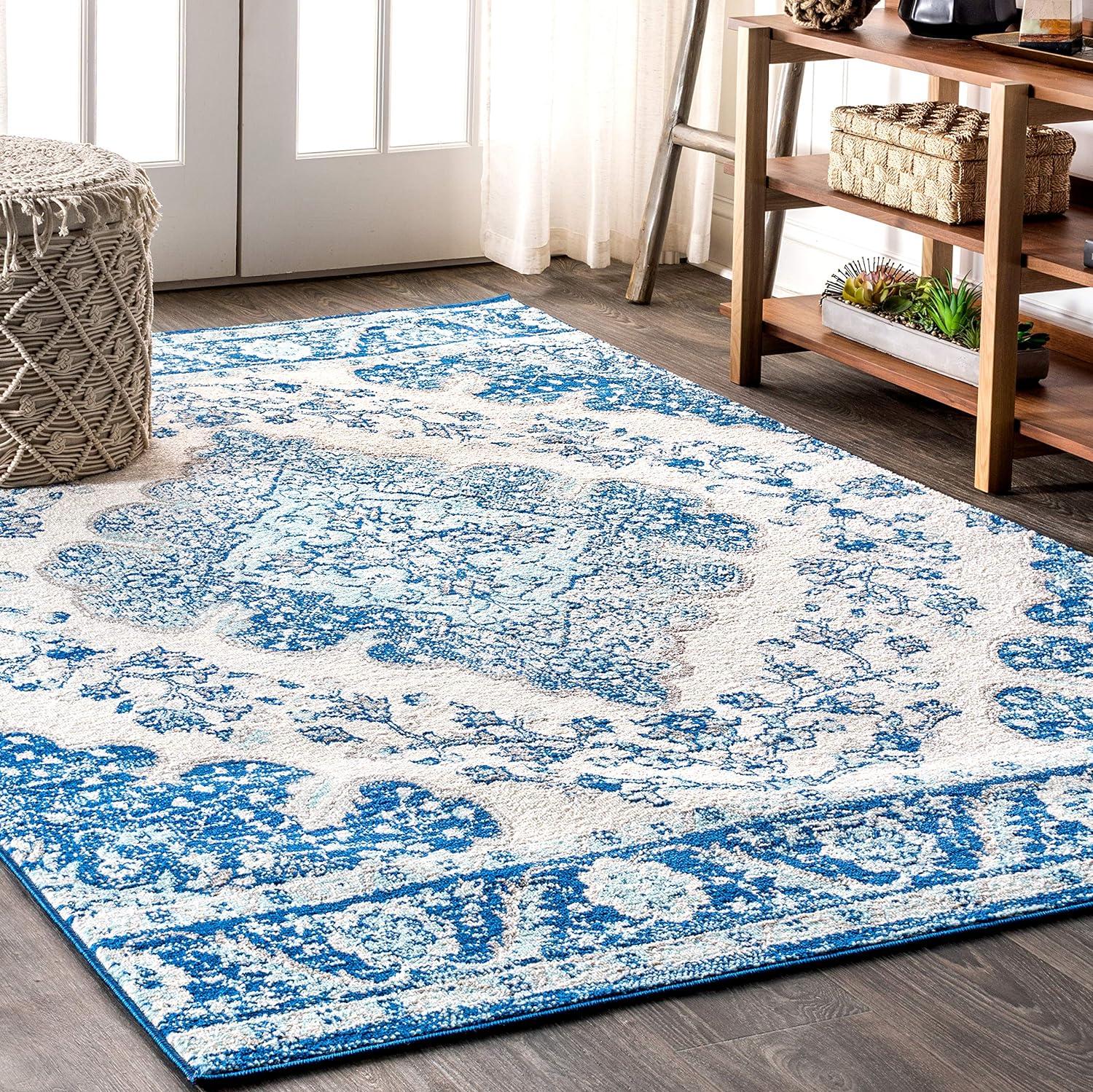 Reversible Cream/Blue Synthetic 4' x 6' Vintage Medallion Rug