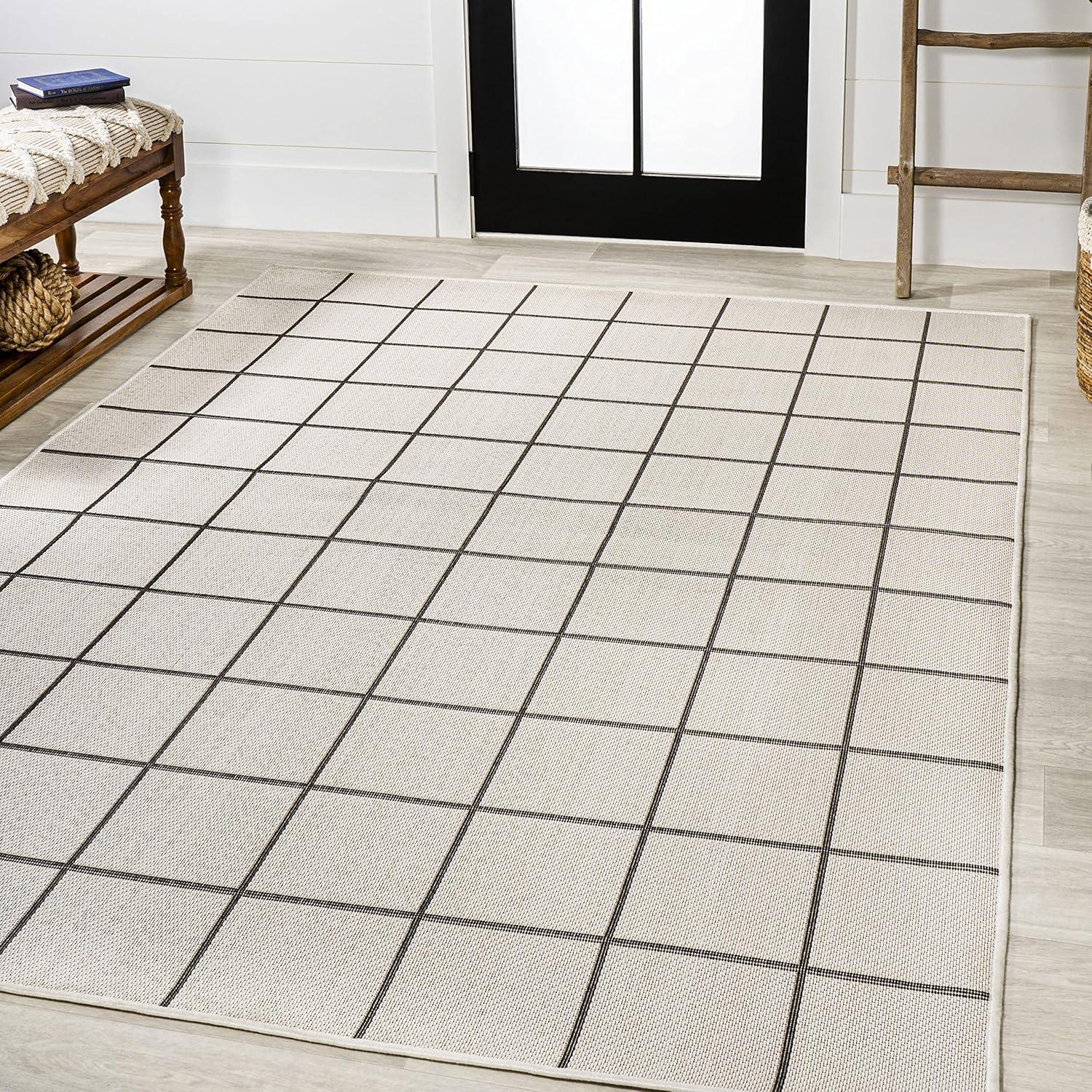 4' x 6' Grid Modern Squares Indoor/Outdoor Area Rug, Cream/Black - JONATHAN Y