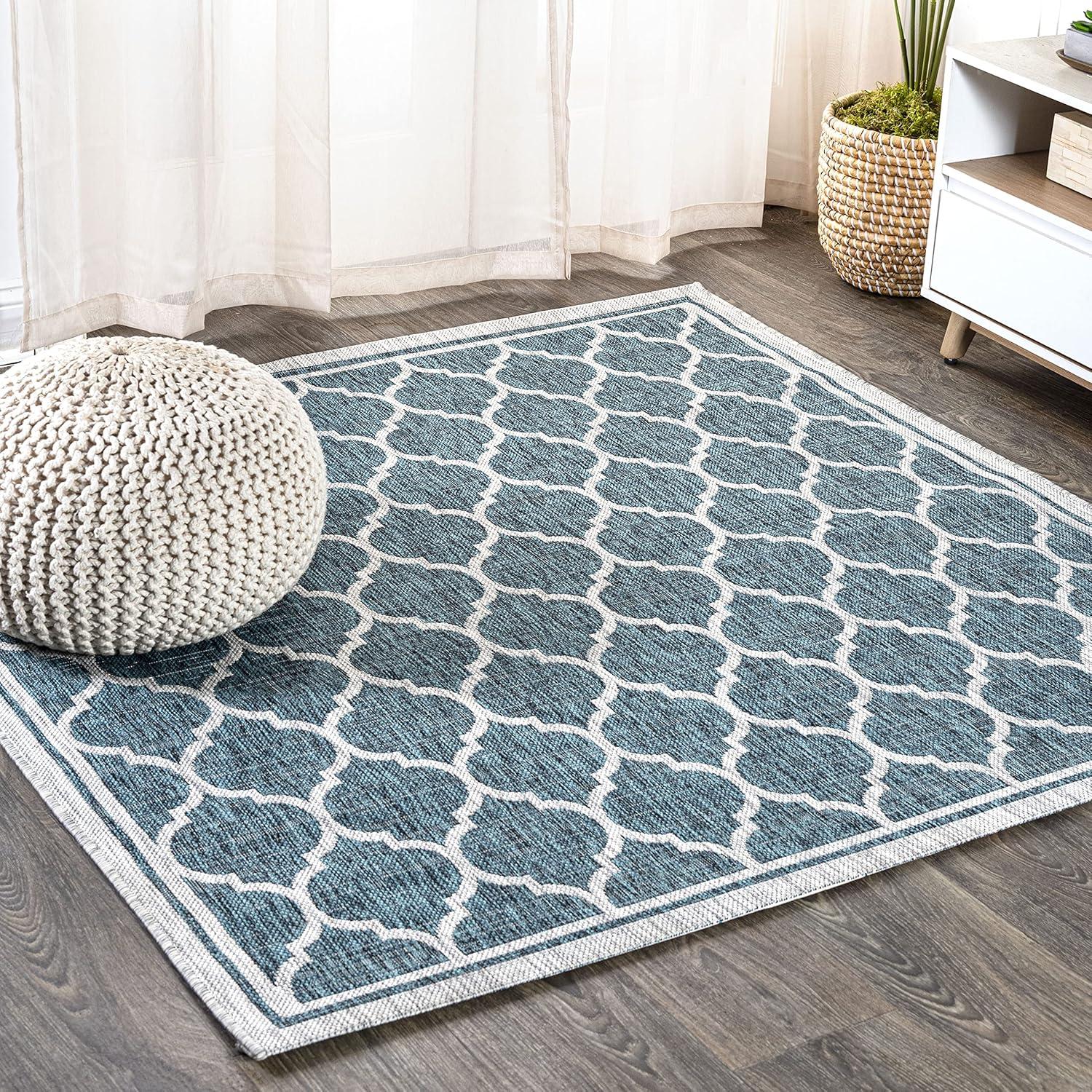 5' Square Trebol Moroccan Trellis Textured Weave Indoor/Outdoor Area Rug, Teal/Gray - JONATHAN Y