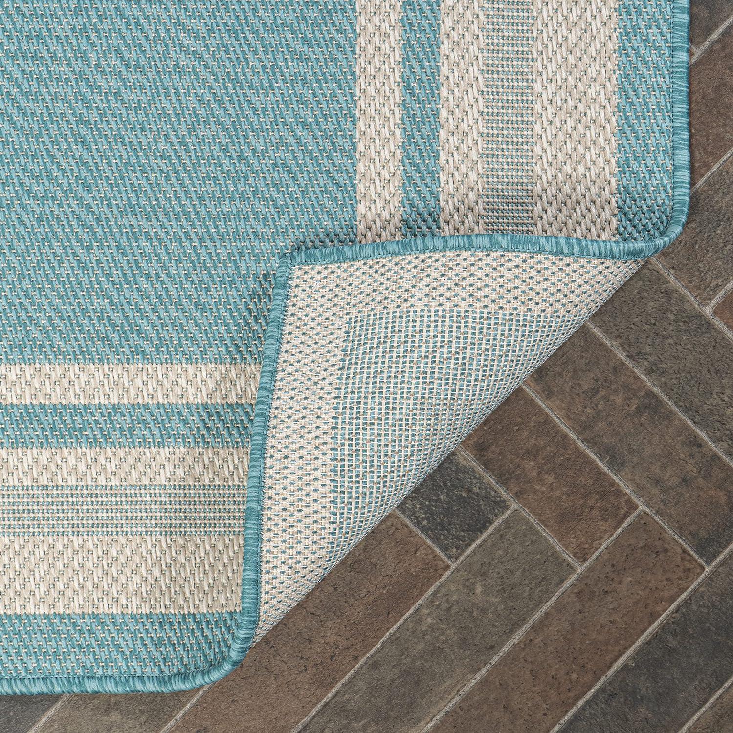 2' x 8' James Modern Border Stripe Indoor/Outdoor Runner Rug, Aqua/Beige - JONATHAN Y