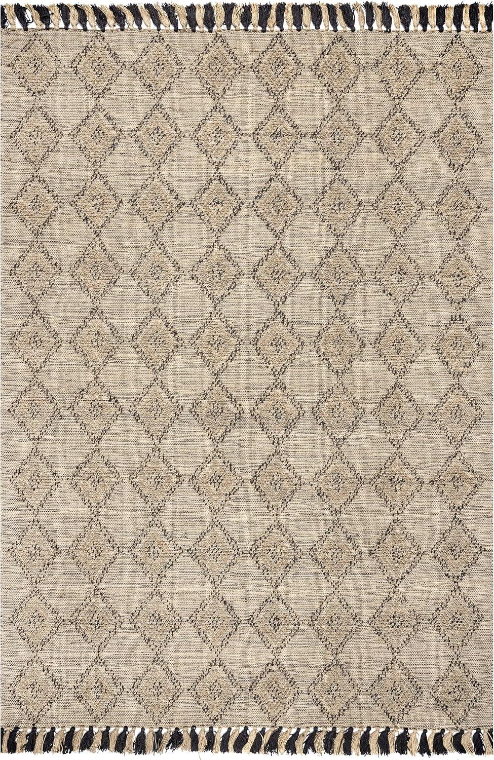 Handcrafted Beige Cotton Diamond Tassel Rug, 8' x 10'