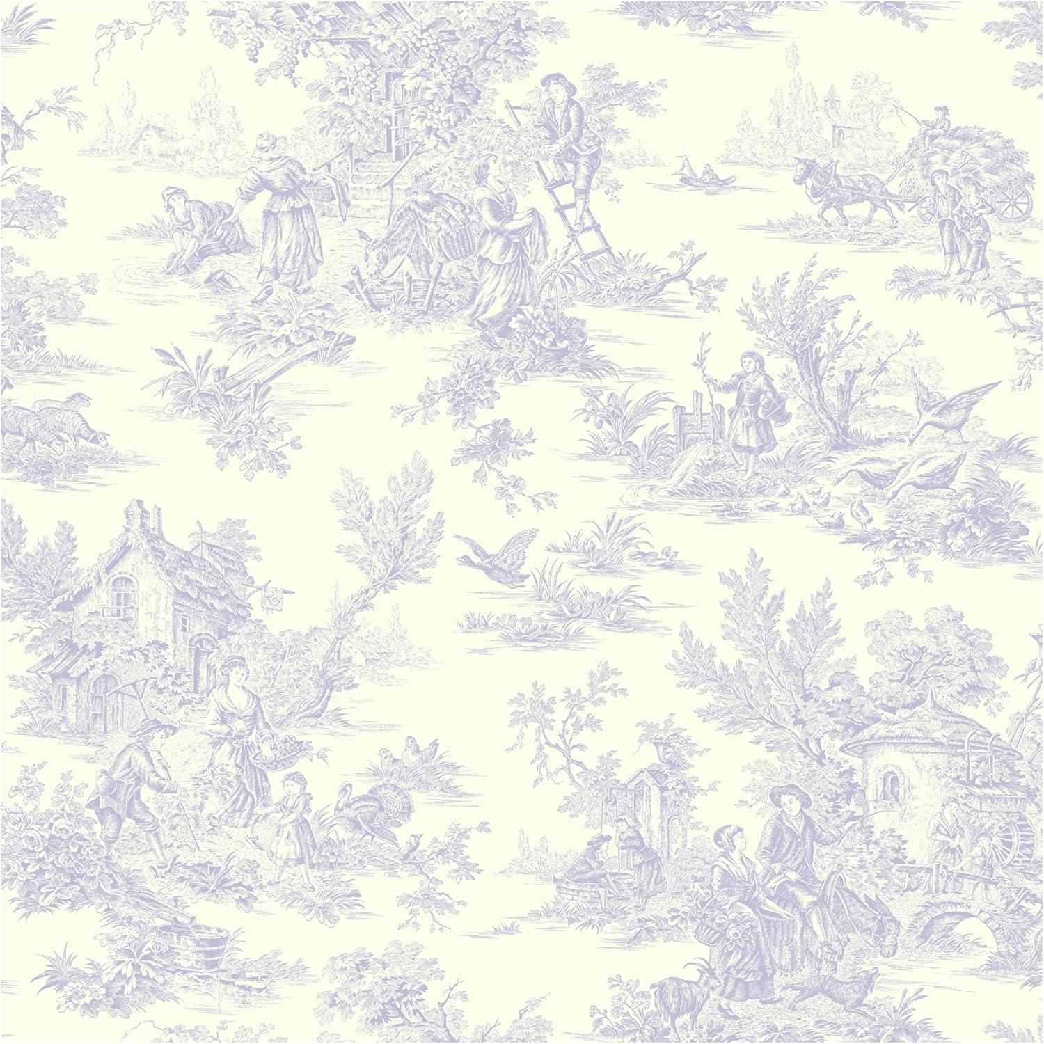 Blue and White Vintage Farm Pattern Vinyl Wallpaper