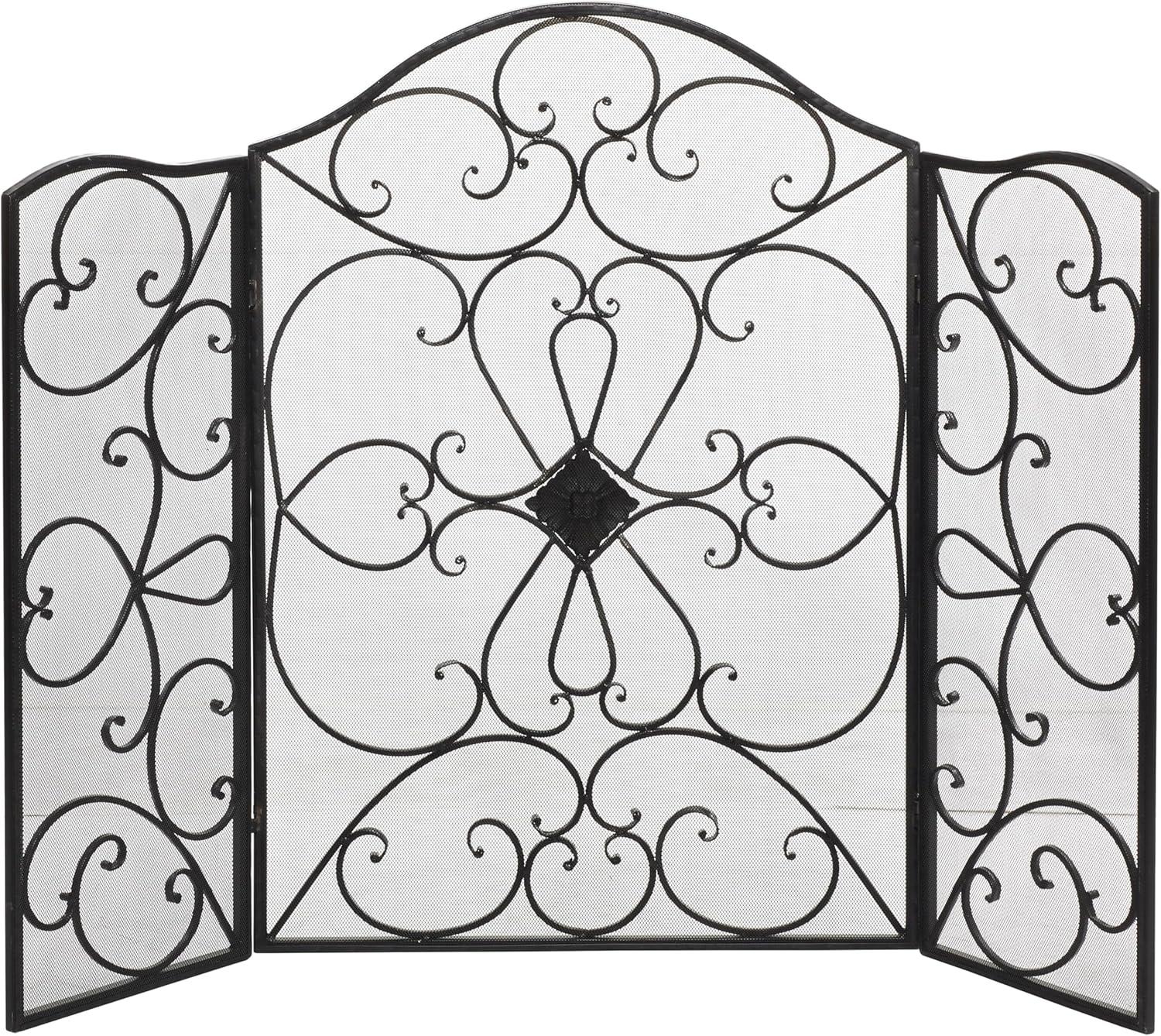 DecMode 49" x 36" Black Metal Foldable 3 Panel Scroll Fireplace Screen with Mesh Netting, 1-Piece