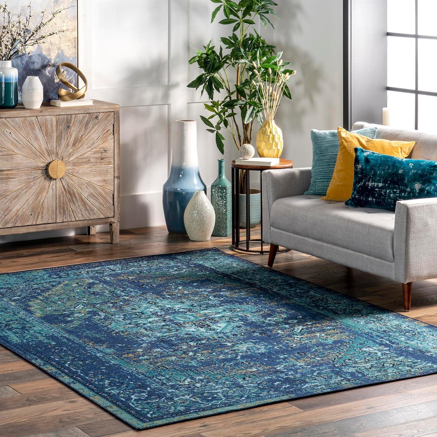 Reversible Blue Synthetic Vintage Persian Area Rug