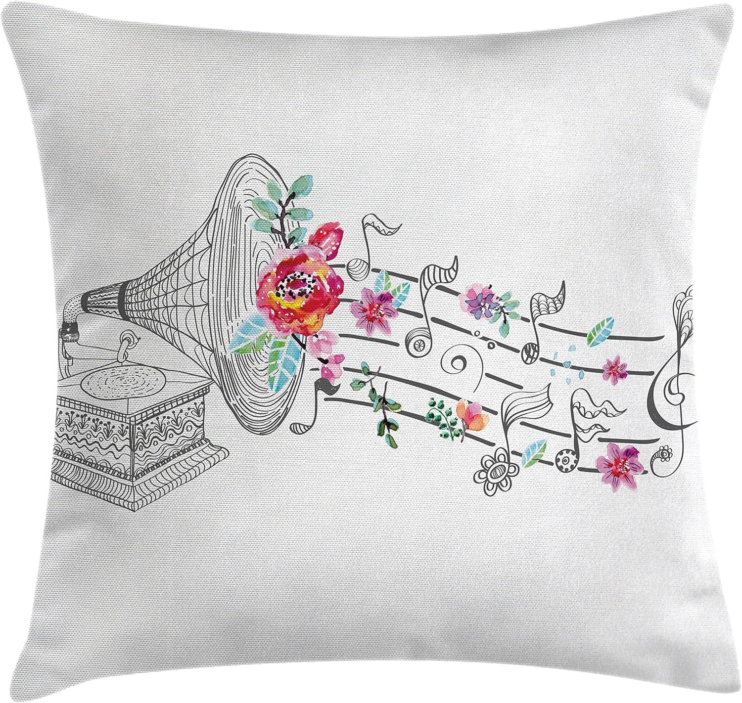 Ambesonne Music Throw Pillow Cushion Cover, Vintage Style Gramophone Record Player Floral Ornament Blossom Antique, Decorative Square Accent Pillow Case, 16" X 16", White Pink