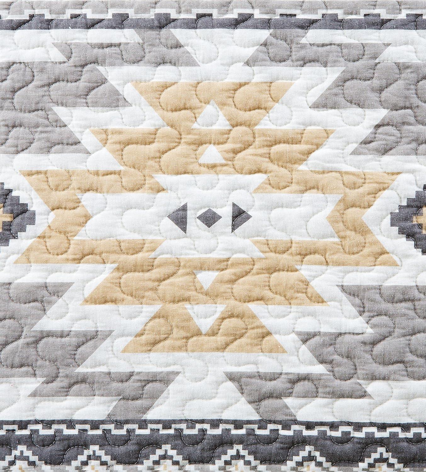 Desert Sage Gray/Tan/White Aztec Print Cotton Southwestern Style Reversible Quilt Set