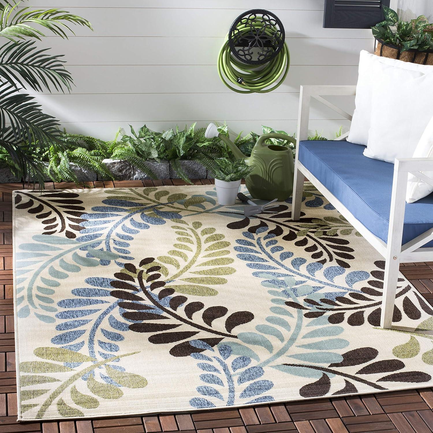 Cream and Aqua Floral Rectangular Indoor/Outdoor Rug