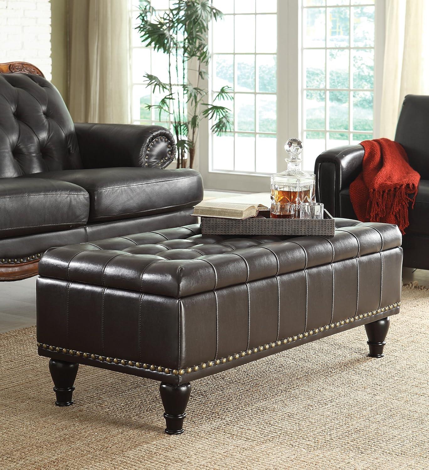 Espresso Bonded Leather Tufted Storage Ottoman with Nailhead Accents