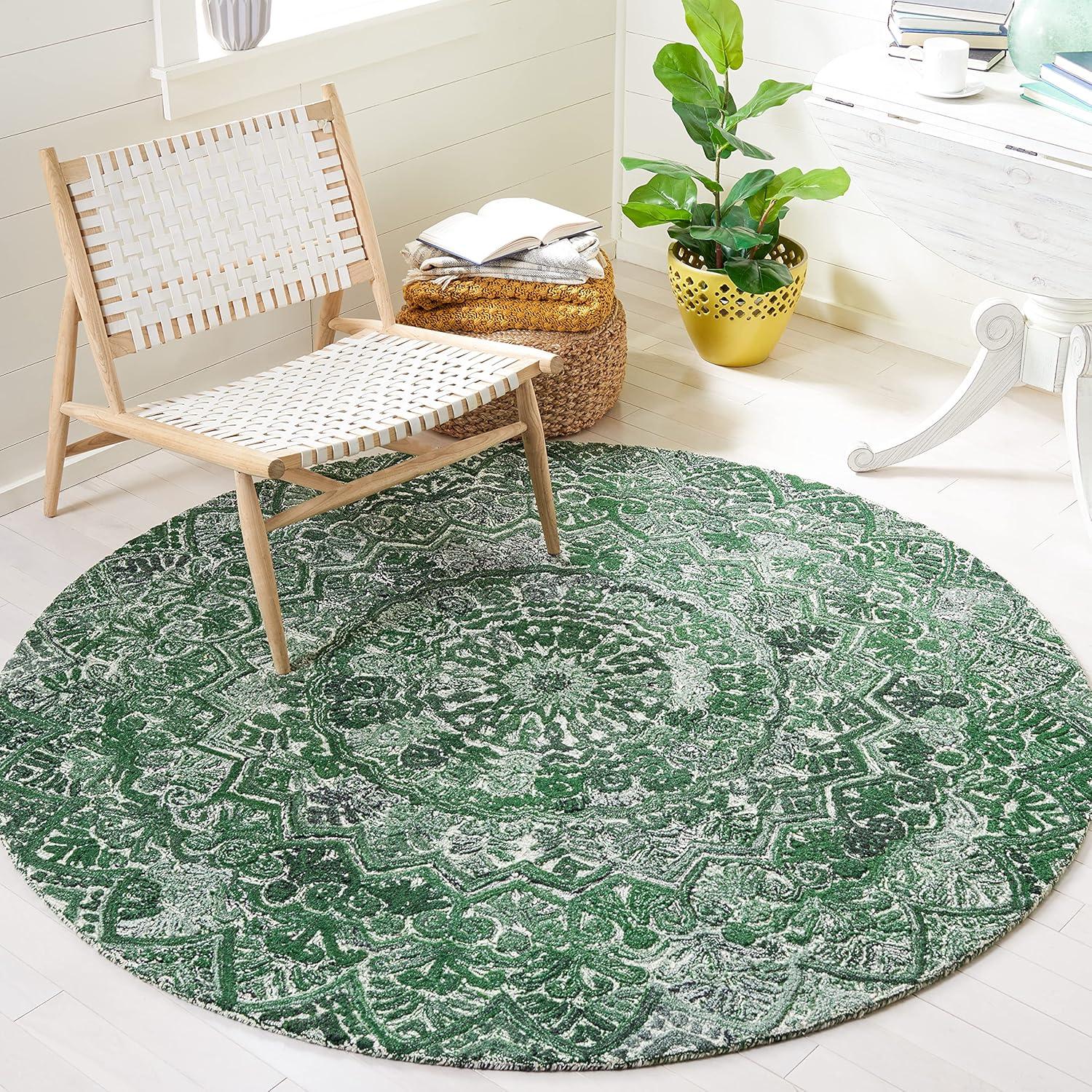 Green and Ivory Round Hand-Tufted Floral Wool Rug