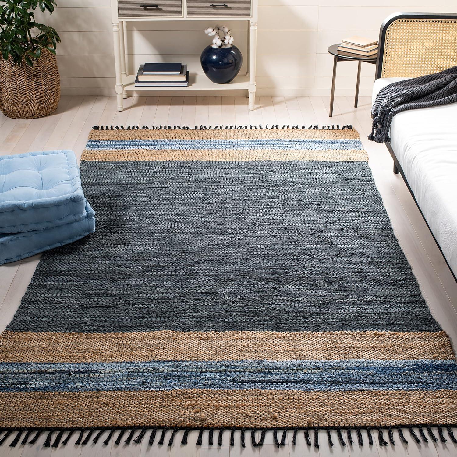 Vintage Leather W/ Fringes VTL602 Hand Woven Indoor Area Rug - Blue/Natural - 8'x10' - Safavieh