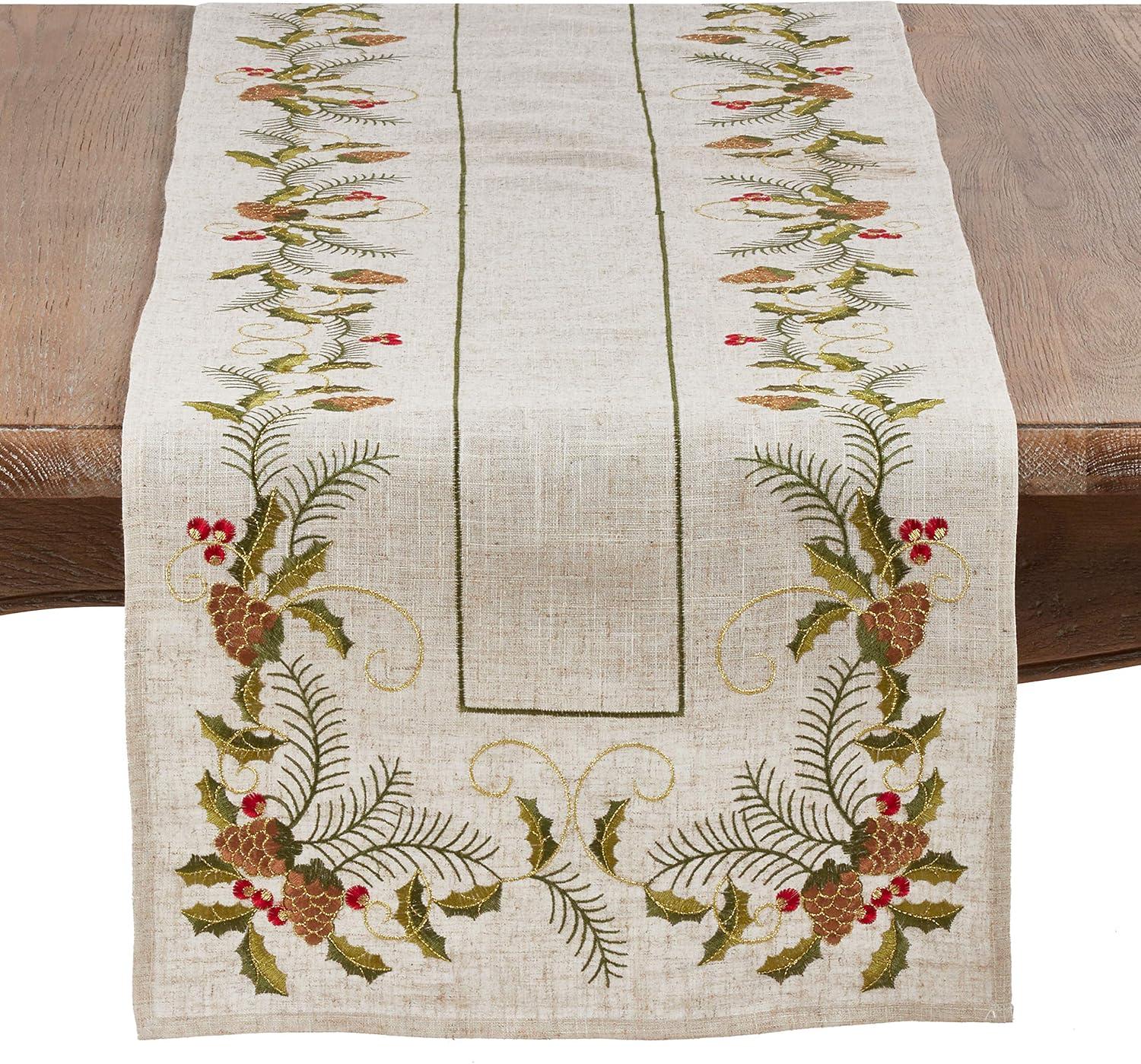 Saro Lifestyle Embroidered Pinecone and Holly Runner