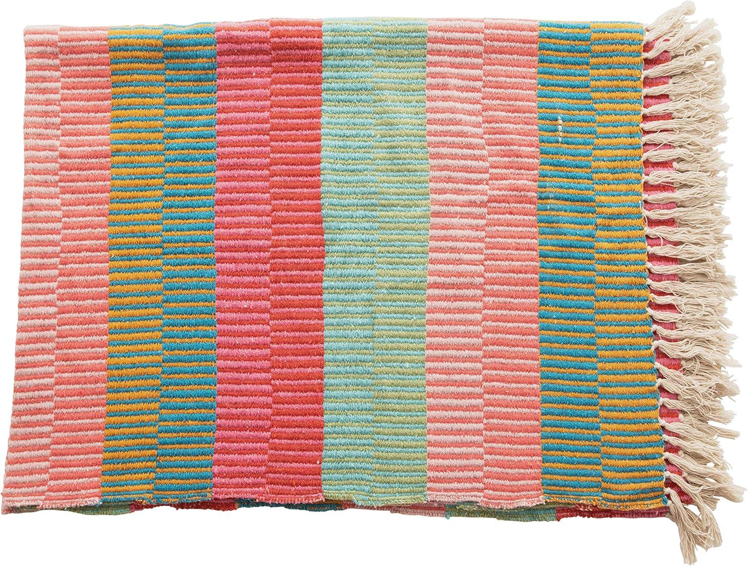 Creative Co-Op Soft Woven Reclaimed Cotton Blend Throw with Stripes and Fringe, Multicolor