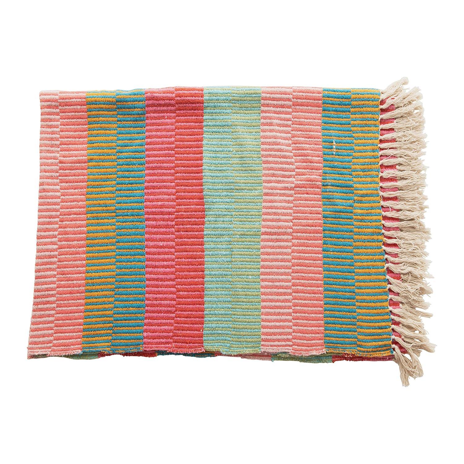 Creative Co-Op Soft Woven Reclaimed Cotton Blend Throw with Stripes and Fringe, Multicolor