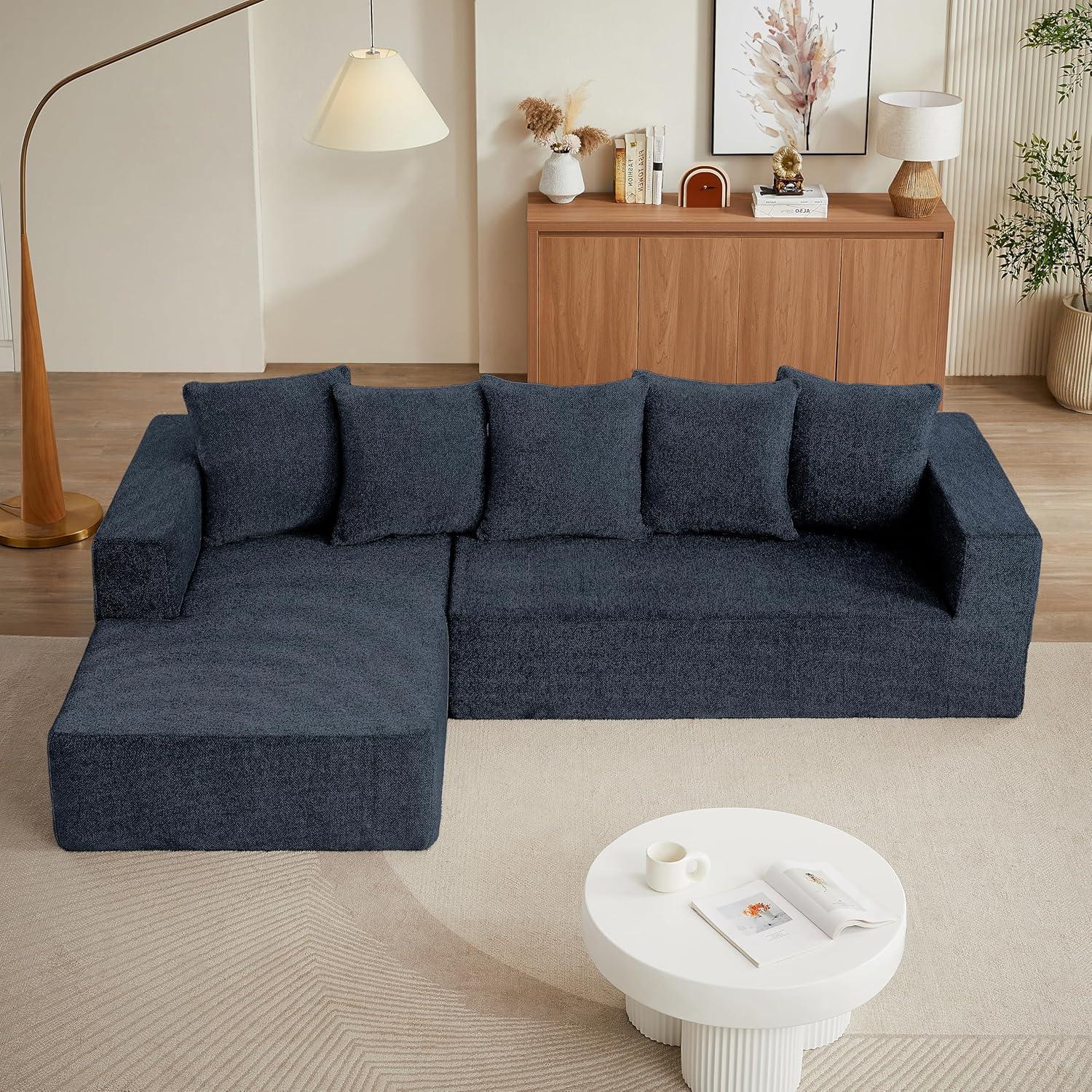 Minimalist Interior Sofa, Upholstered L Shape Cloud Couch, Chenille Modular Sofa Couch with Pillows for Living Room Apartment Studio/No Assembly Require-Left Facing Chaise(Blue)
