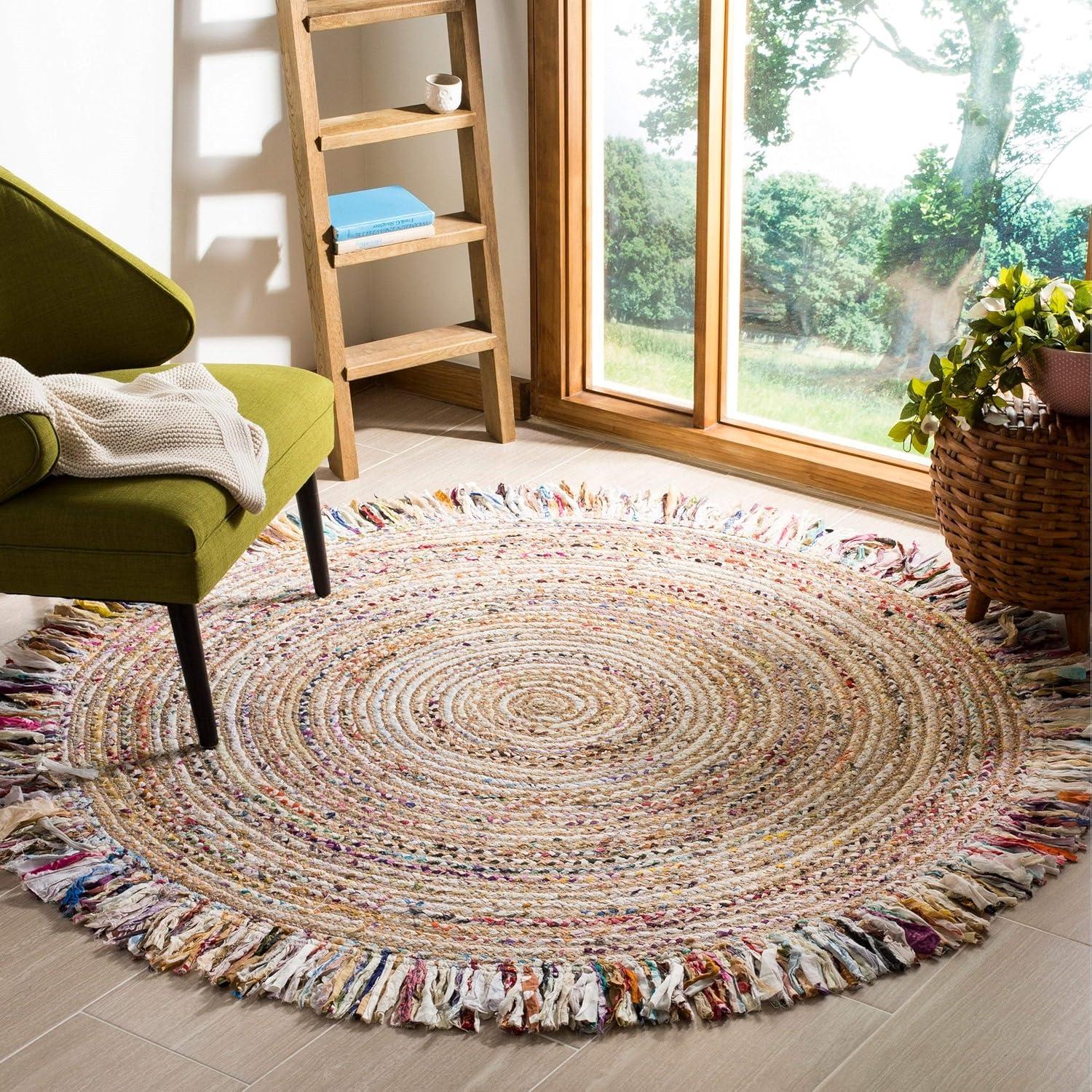 Ivory and Denim 7' Round Handwoven Boho Jute & Cotton Rug