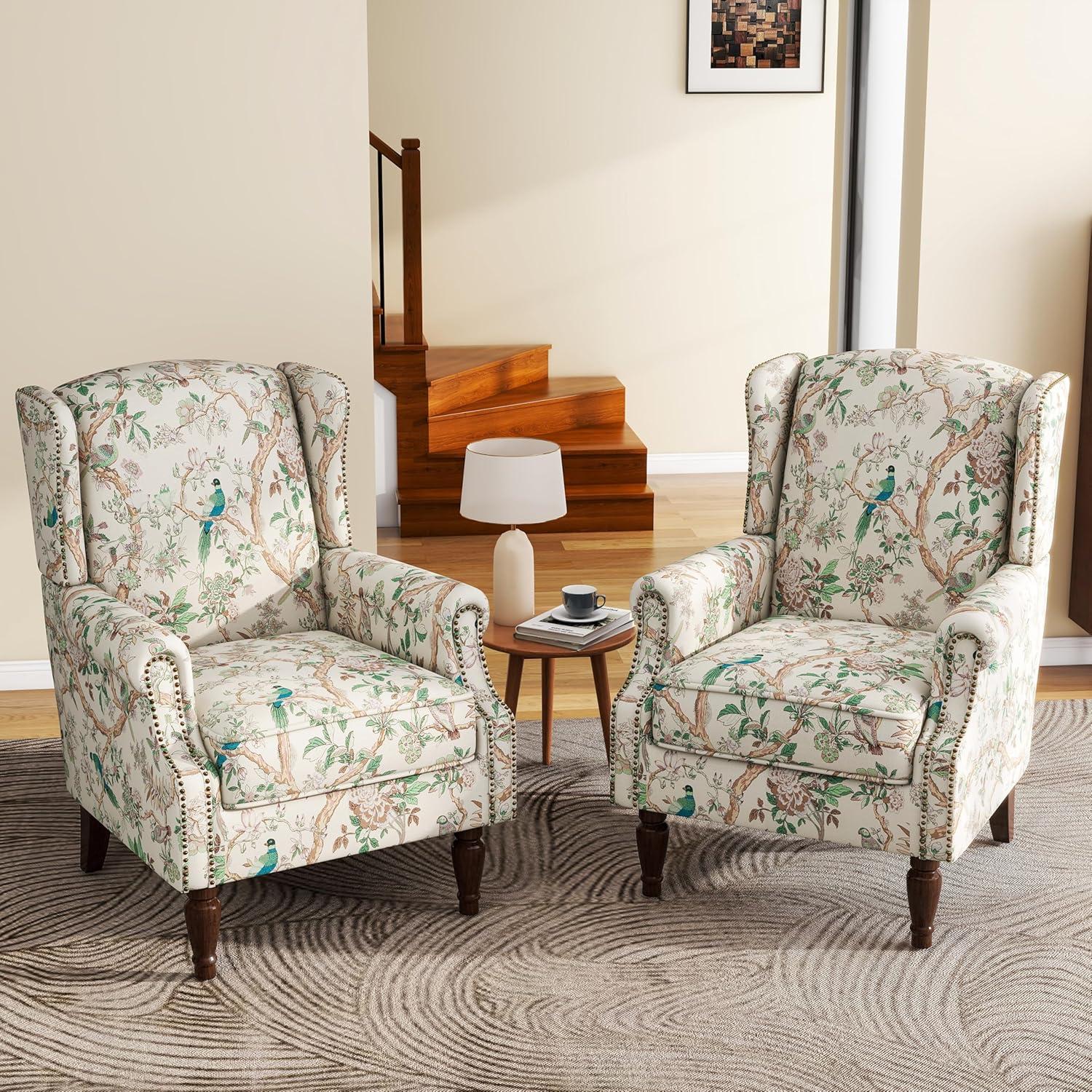 Bird Pattern Linen Upholstered High Back Accent Arm Chair with Nailhead Trim(Set of 2)