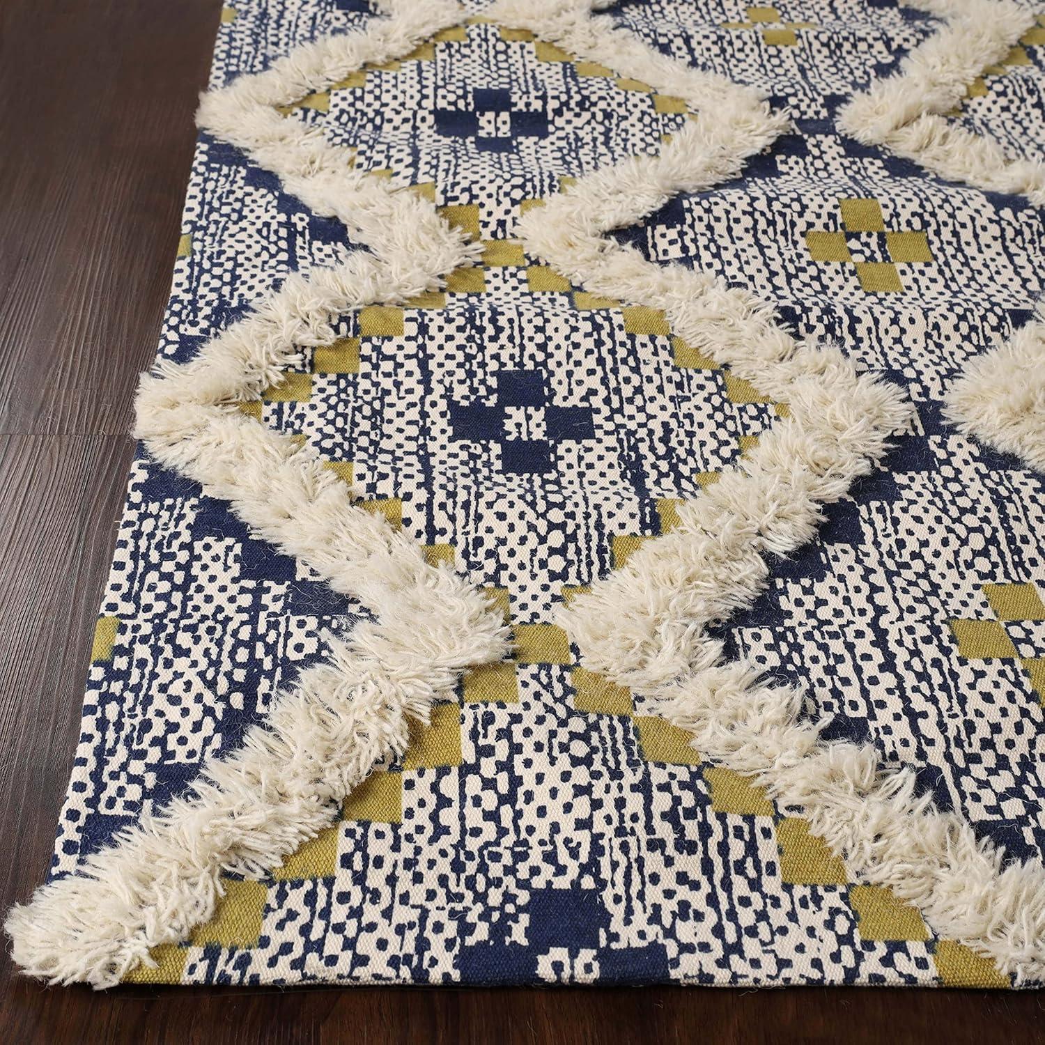 Superior Evren Hand-Tufted Cotton/Wool Textured Geometric Gold/Navy Blue Farmhouse Area Rug, 6' x 9'