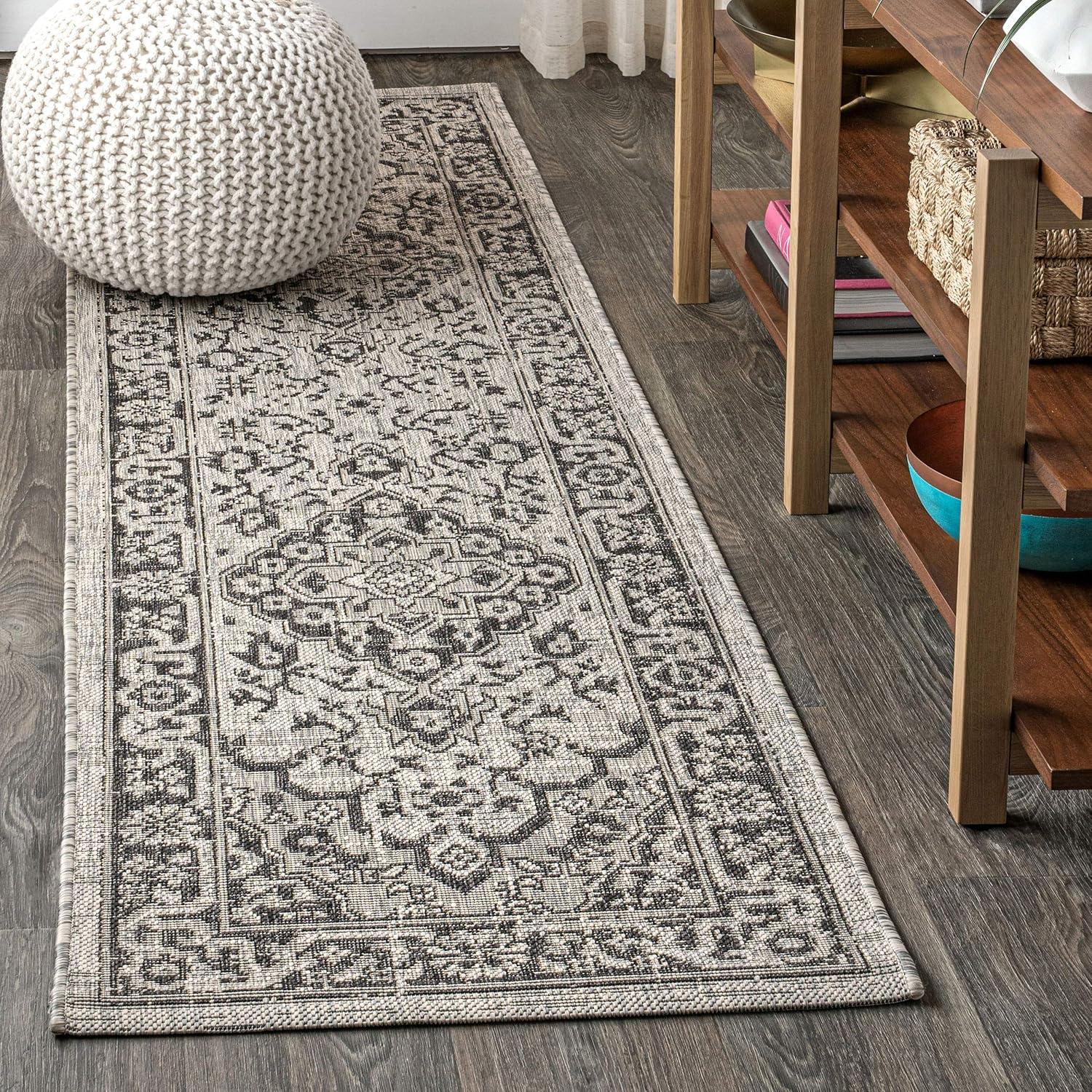 2'x8' Rozetta Boho Medallion Textured Weave Indoor/Outdoor Runner Rug, Gray/Black - JONATHAN Y