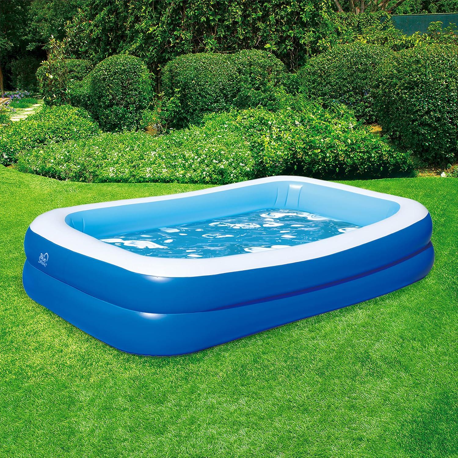 Blue and White Rectangular Inflatable Family Pool with Cover