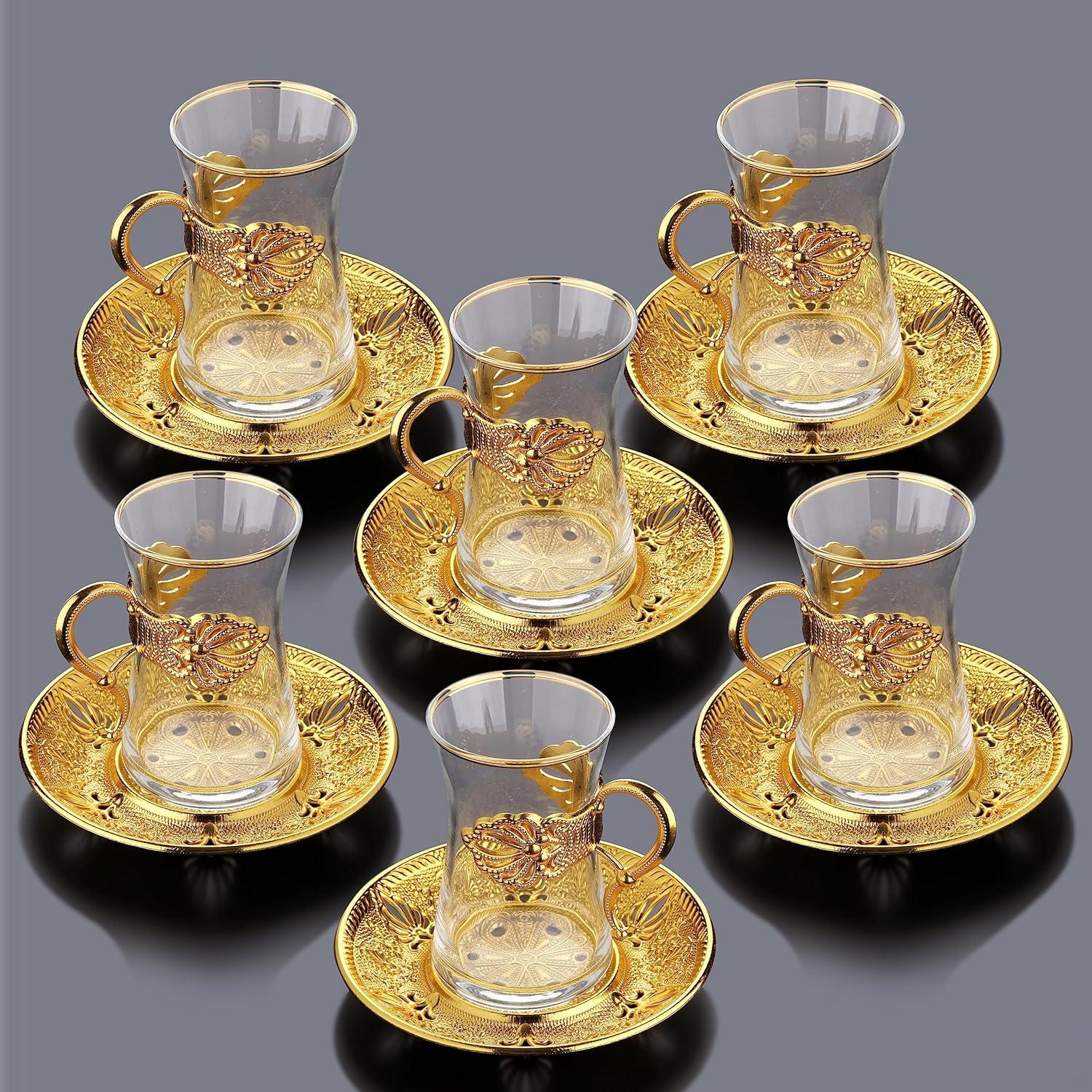 Gold Turkish Tea Glass Set with Holders and Saucers, 6 Pieces