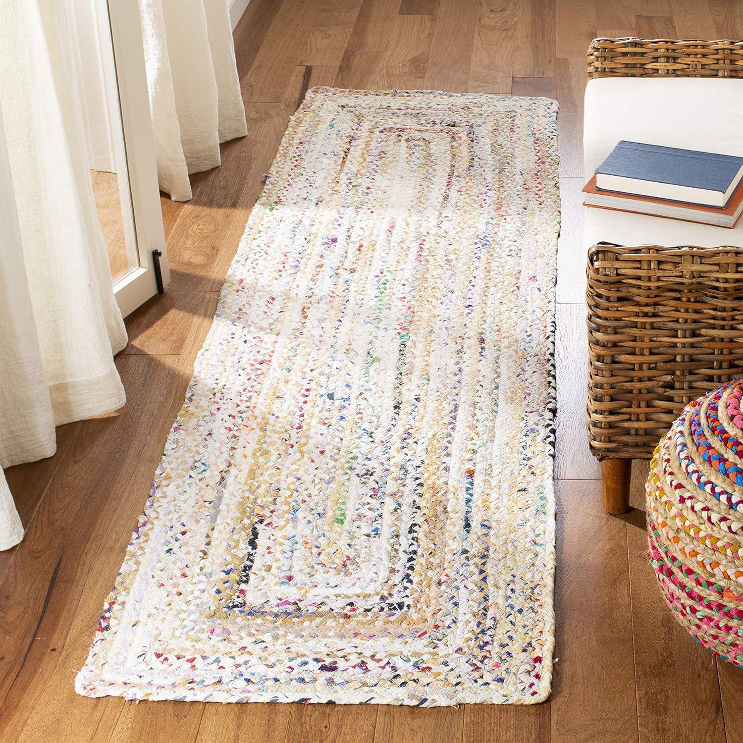 Ivory and Multi-Color Braided Cotton 27" Pouf