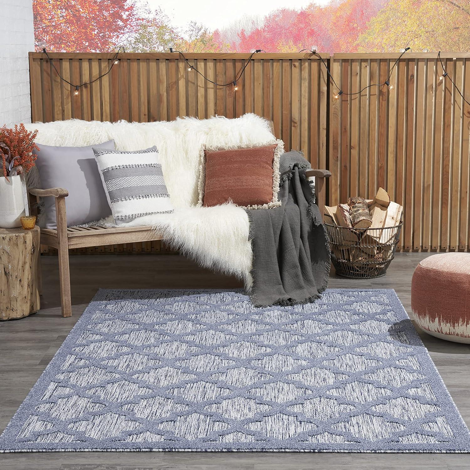 Nourison Easy Care Trellis Flatweave Indoor Outdoor Area Rug 6' x 9' Denim Blue