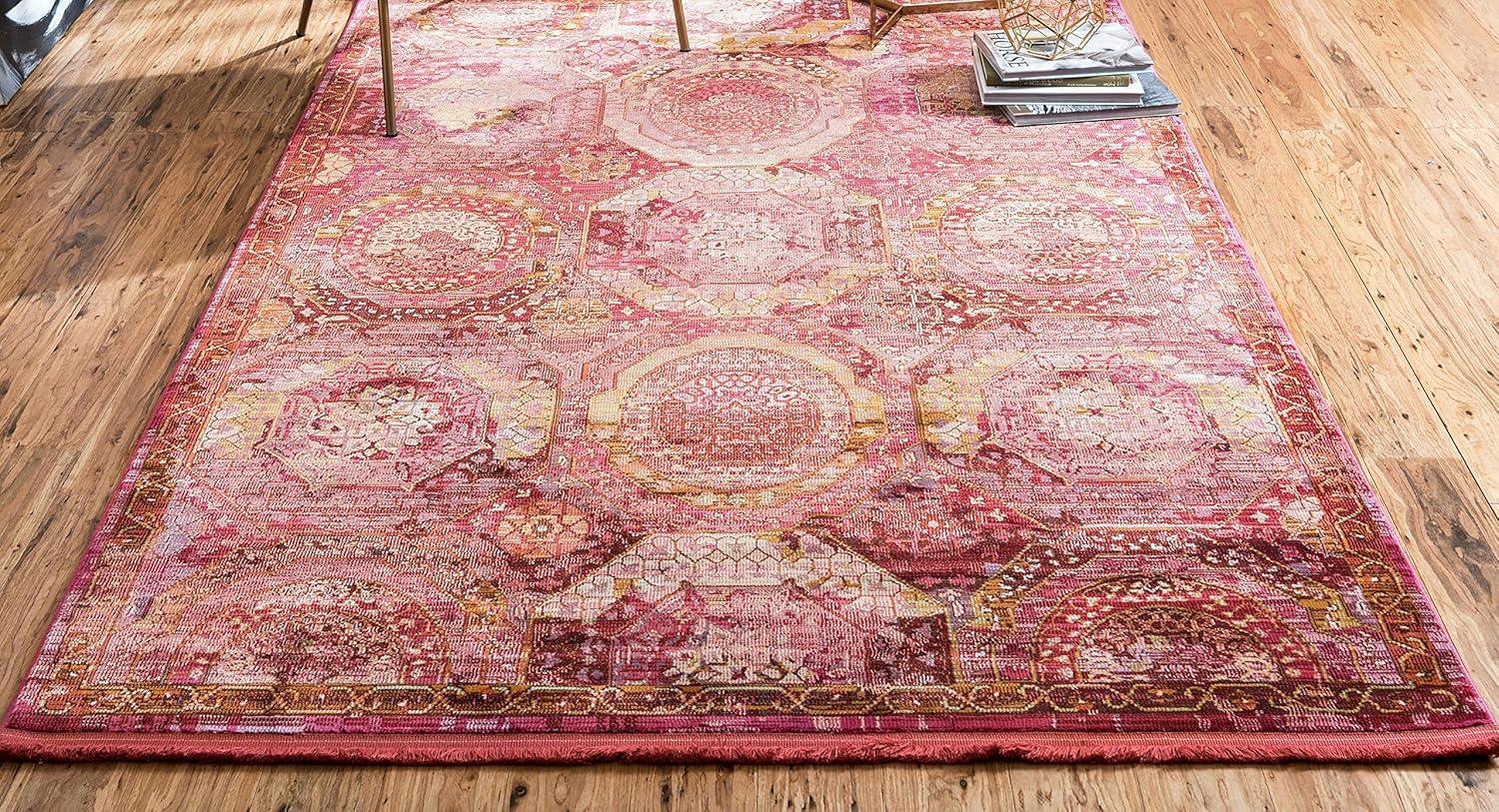 Pink Rectangular Synthetic Reversible Washable Area Rug