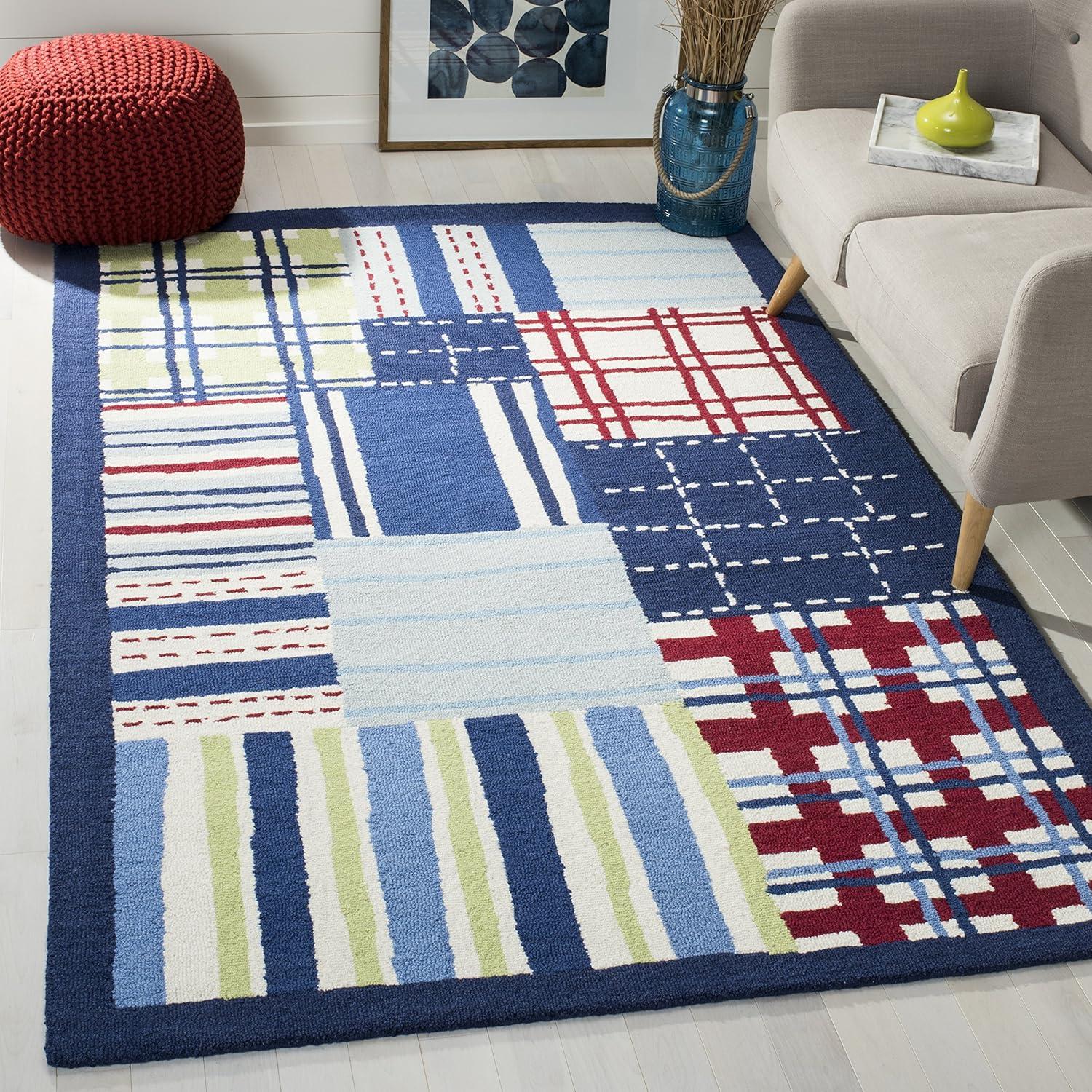 Handmade Blue Patchwork Wool Kids Area Rug, 7' Square