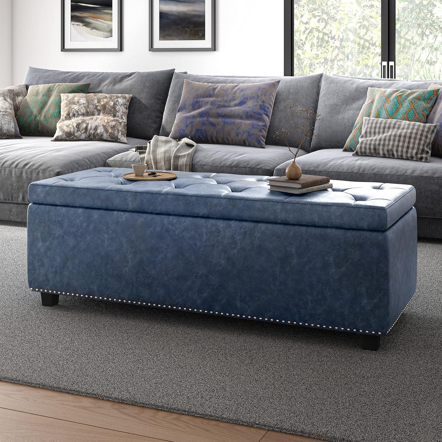 Hamilton 48 inch Wide Traditional Rectangle Storage Ottoman in Denim Blue Faux Leather