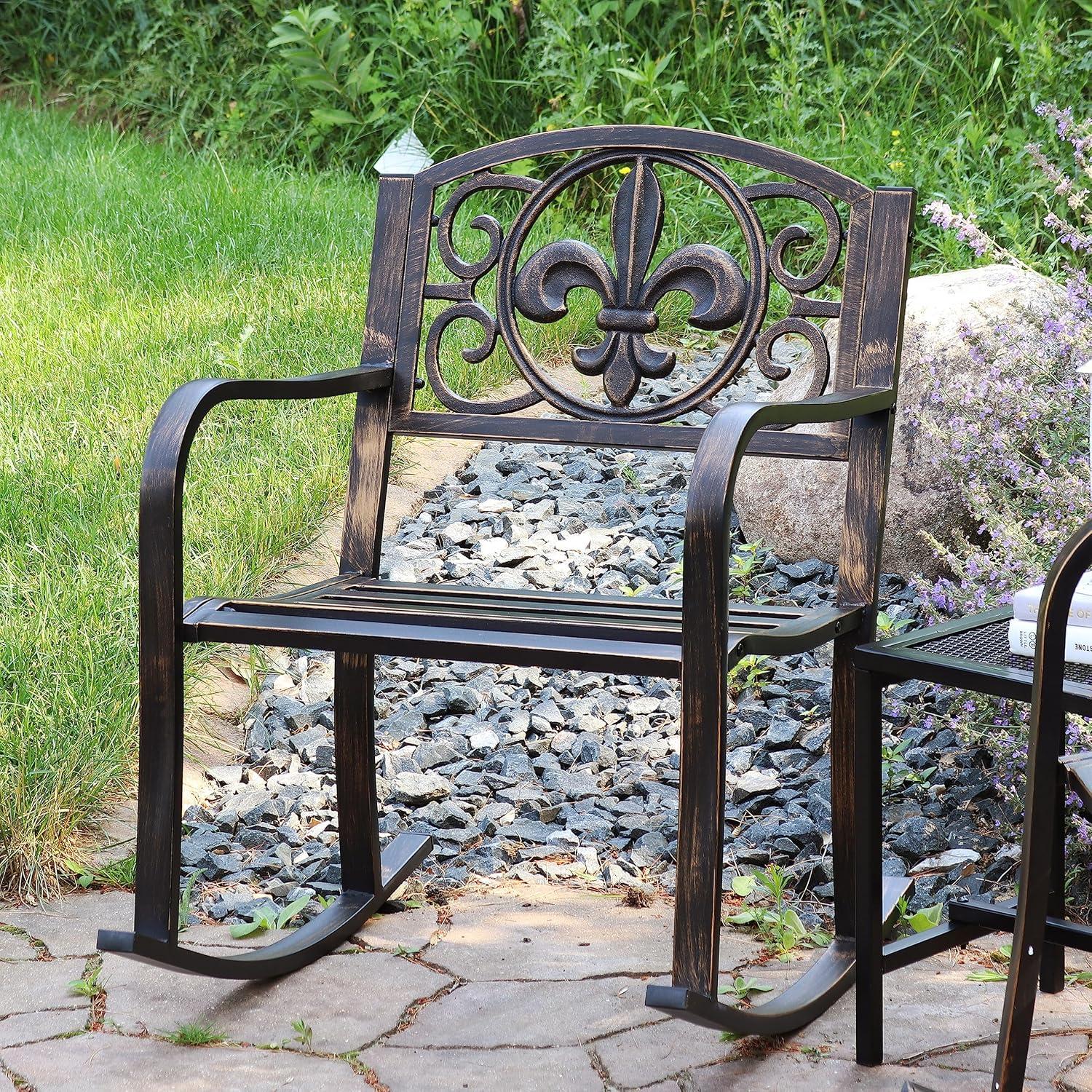 Sunnydaze Traditional Fleur-de-Lis Design Cast Iron and Steel Outdoor Rocking Chair