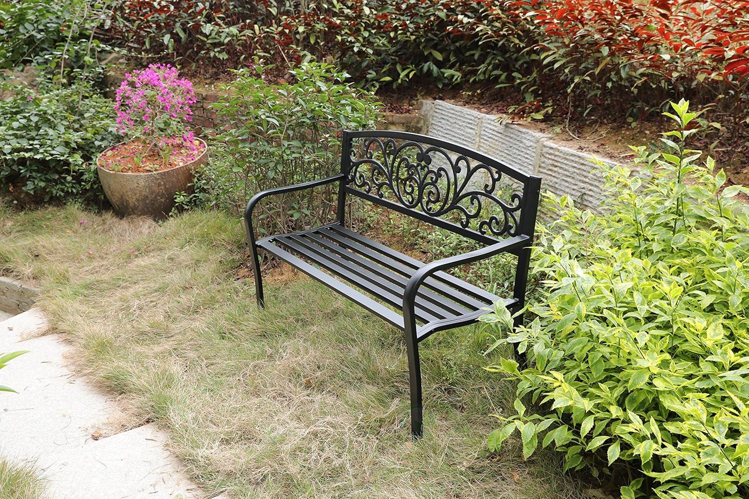 Gardenised Black Patio Garden Park Yard 50" Outdoor Steel Bench Powder Coated with Cast Iron Back